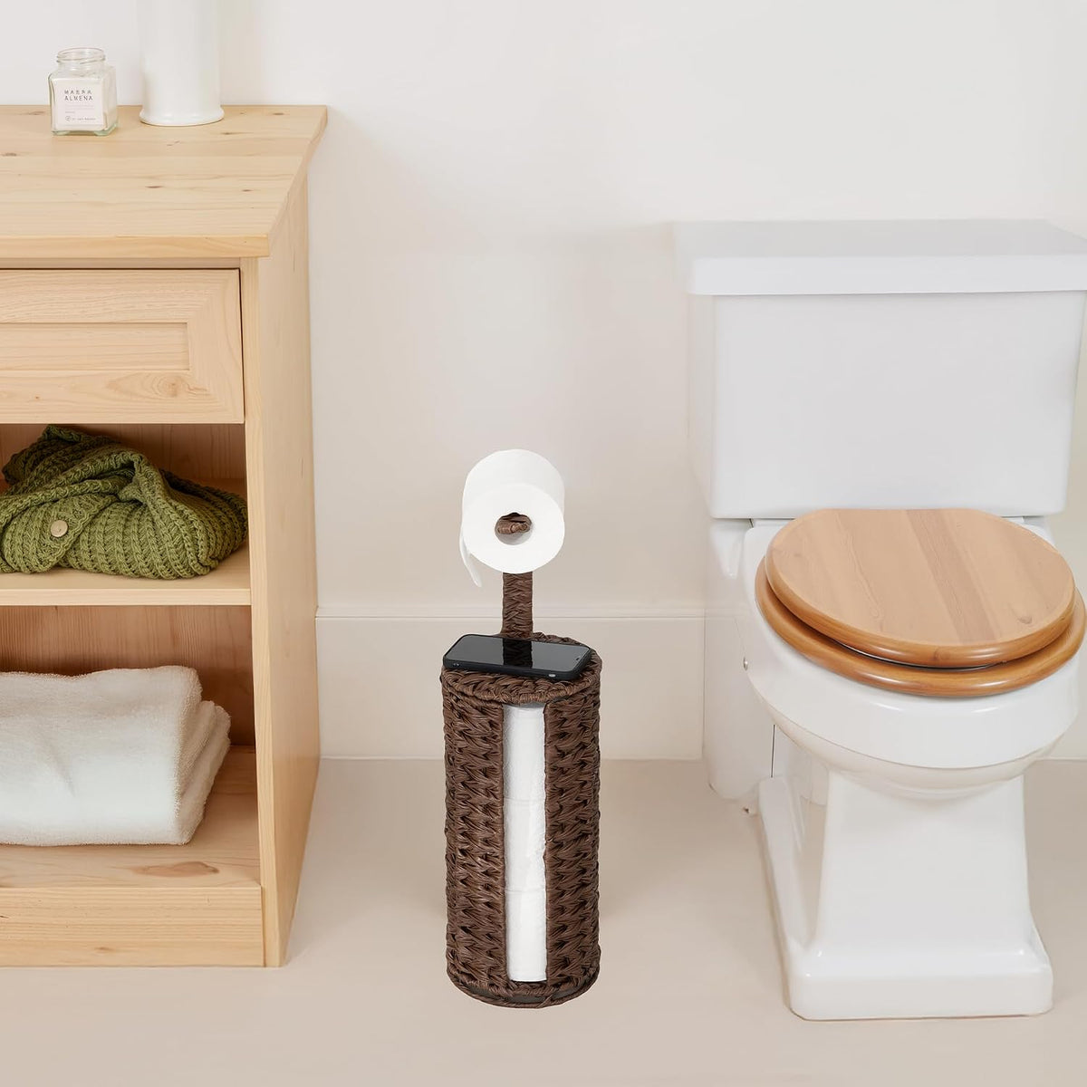 GRANNY SAYS Wicker Free Standing Toilet Paper Holder Stand with Storage | Modern Covered Toilet Paper Stand for 4 Rolls
