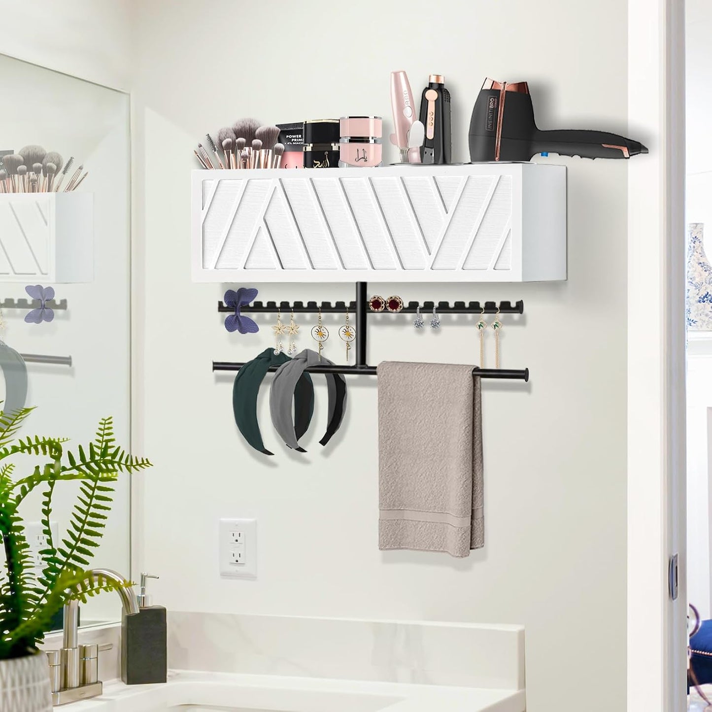 Rustic Hair Dryer Holder Wall Mounted,Hair Styling Tools & Accessories Organizer,Bathroom Supplies & hot Tools vanities