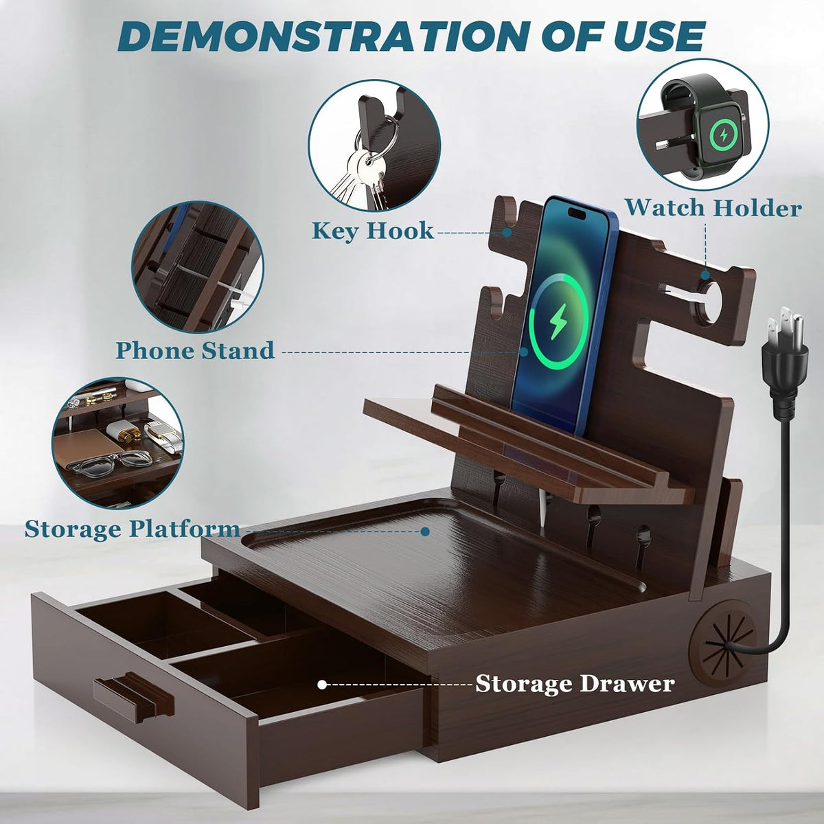 Nightstand Organizer for Men with Drawer, Wood Docking Station (Brown) | Wood Docking Station with USB Ports and AC
