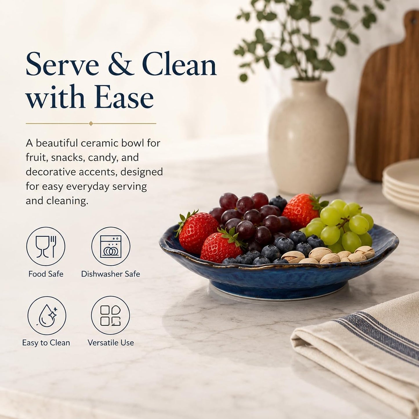 9.6" Blue Ceramic Fruit Bowl / Navy Blue / 9.6in
