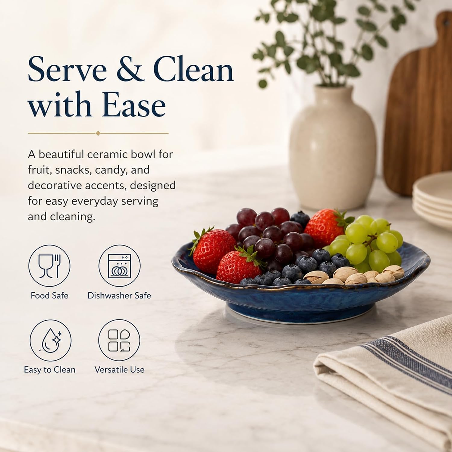 9.6" Blue Ceramic Fruit Bowl / Navy Blue / 9.6in