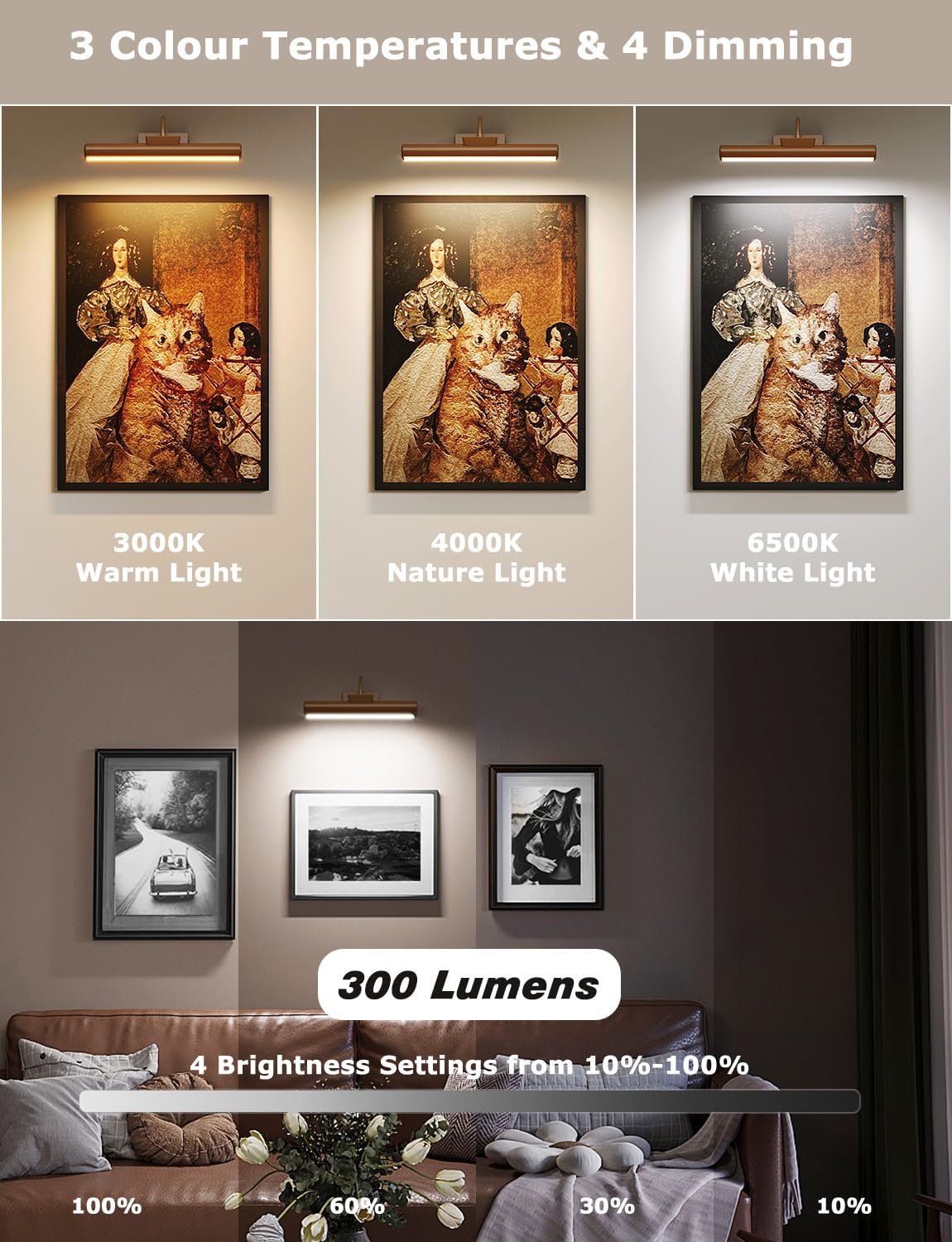 13" Wireless Picture Lights for Wall, Rechargeable Art Light, 1Pack Bronze | Aluminum Photo Frame Light, Remote & Touch