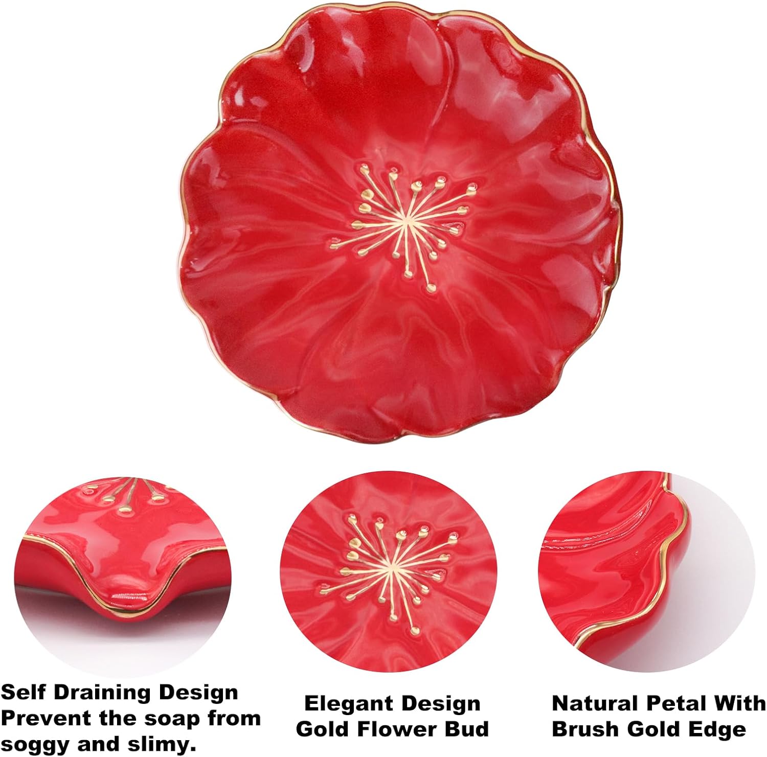 Ceramic Self Draining Soap Dish Hibiscus Flower Waterfall Soap Dish Soap Savers / Red