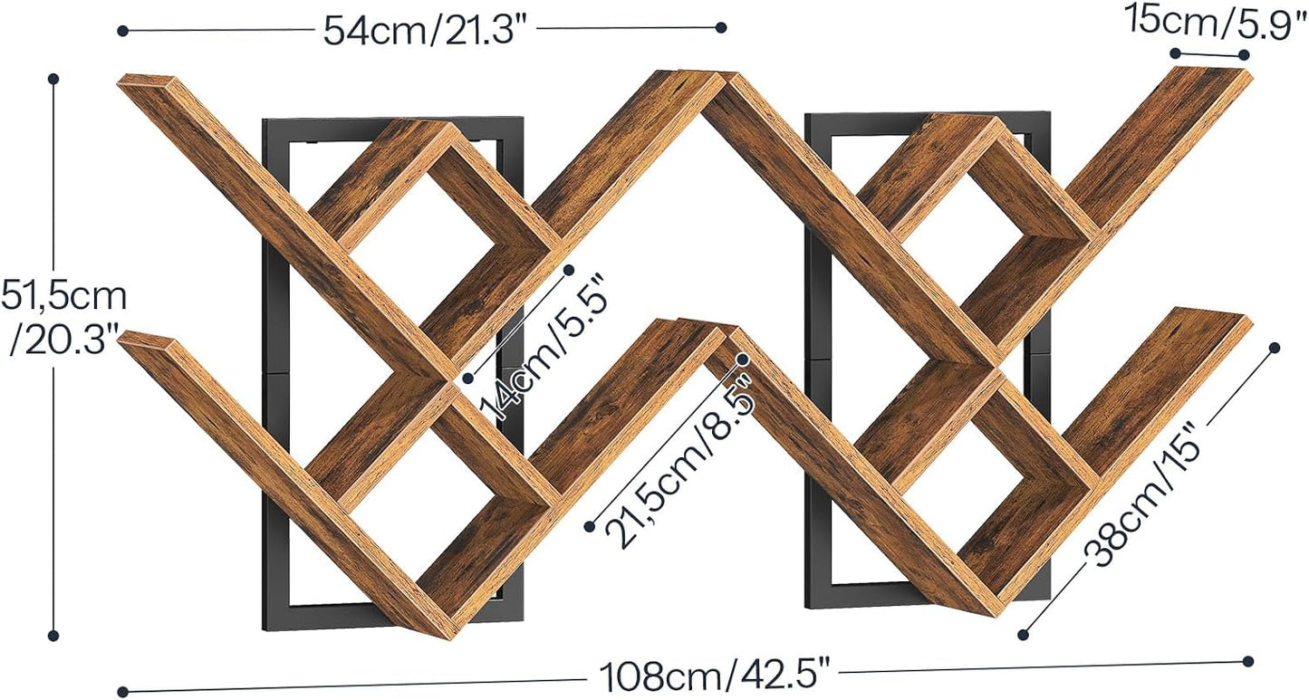 HOOBRO Floating Shelves for Wall, Set of 2 Wall Mounted Shelves, 2-Tier Wooden Tree Bookshelf, Hanging Shelves Storage