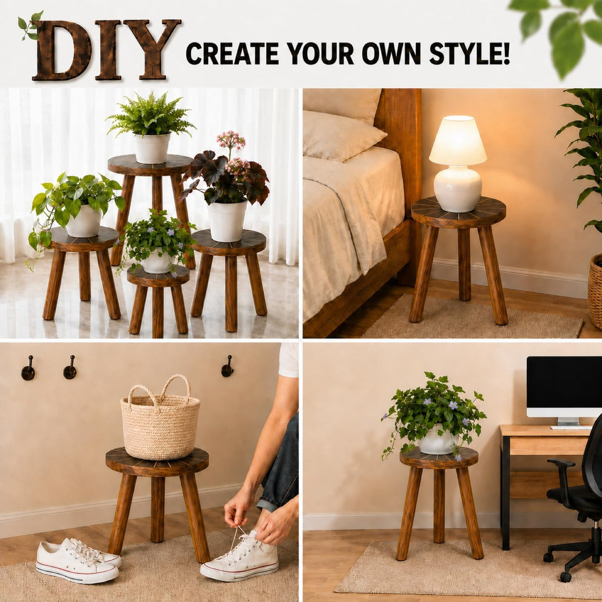 5-Pack Single Wood Plant Stands for 6-12 Inch Pots, Indoor Set | Five Heights Create a Balanced, Layered Plant