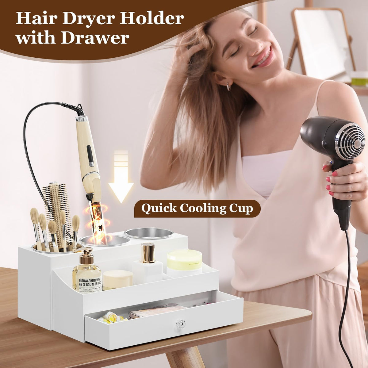 GFWARE Hot Hair Styling Tool Organizer with Drawer & 3 Cooling Cups, White | Bathroom Vanity Storage, Hair Styling