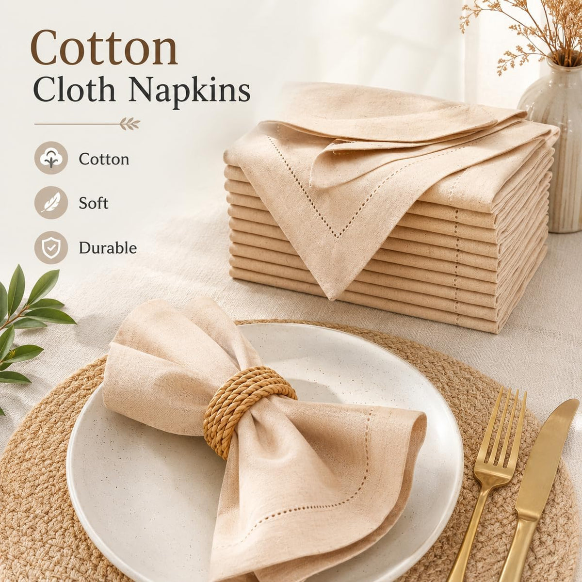 Alpha Living Home Linen Cloth Napkins, Natural, 18x18 in, 12-Pack | Flax cotton blend, hemstitched edges, mitered