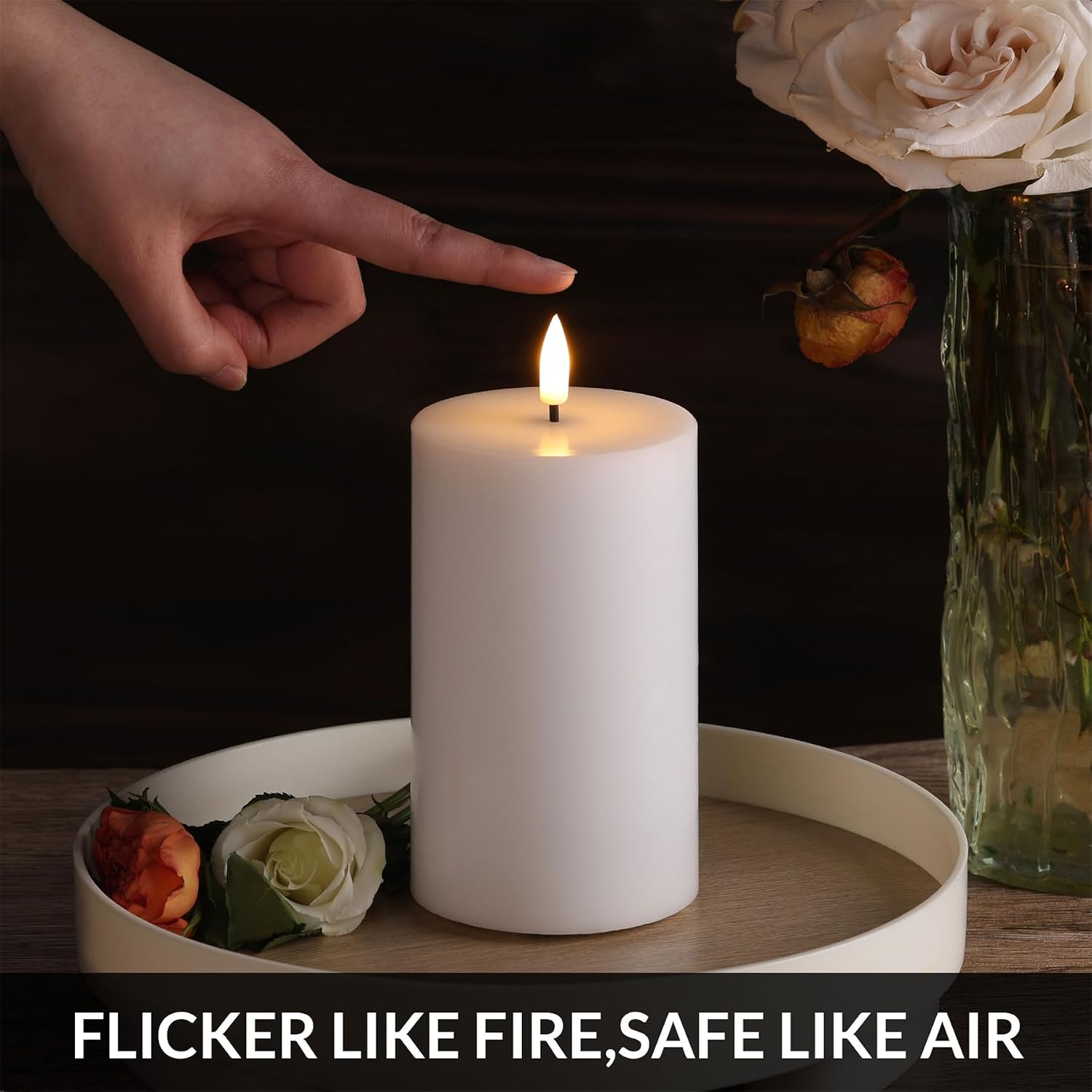 White Flameless Pillar Candles with Remote Set of 3 | Flickering LED Candles, 2 AA Battery Power, Flat Top Real Wax