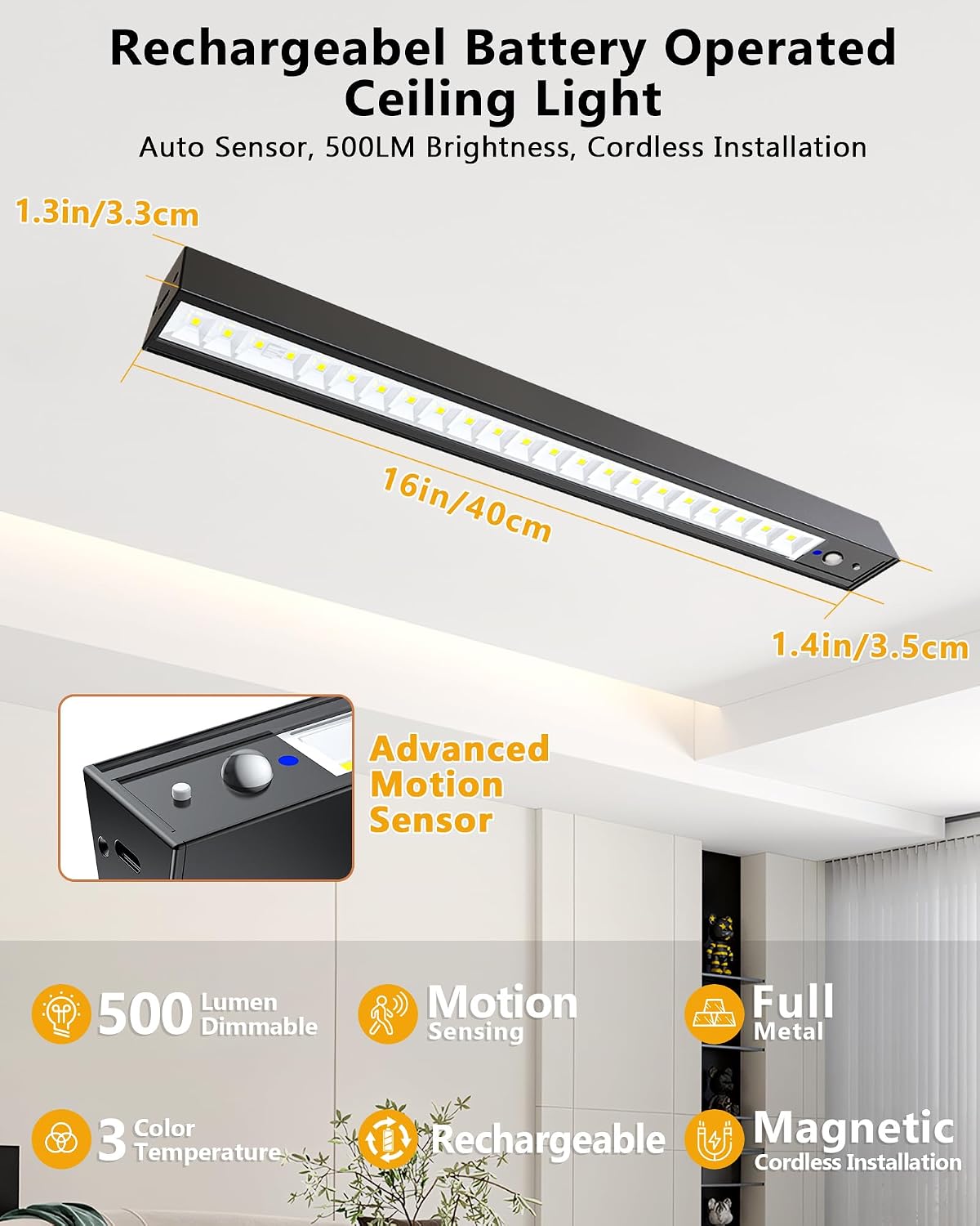 Rechargeable Motion Sensor Ceiling Light, Full Metal Battery Powered LED Closet Light, 3 Color 500LM Dimmable with