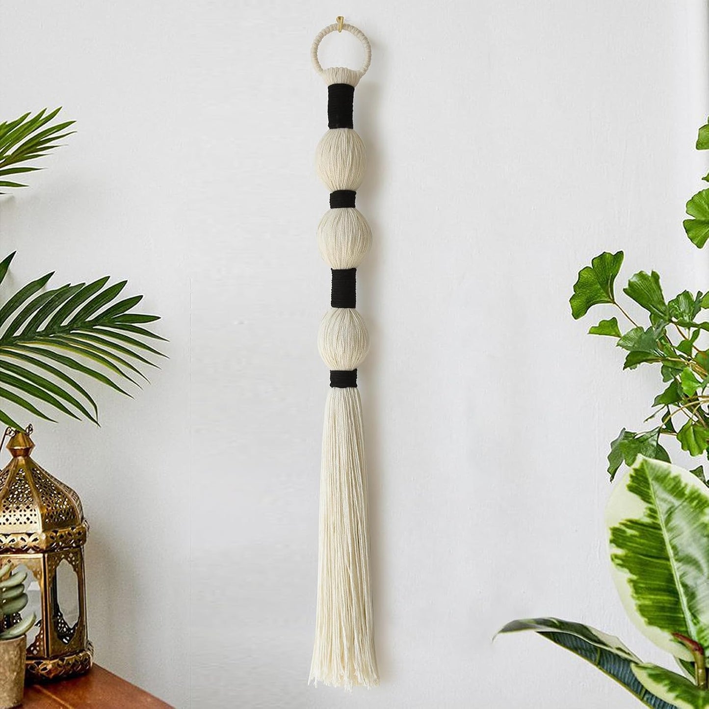 Macrame Wall Hanging Boho Wall Decor Small Sphericity Cotton Textile Tassel / Ivory and Black
