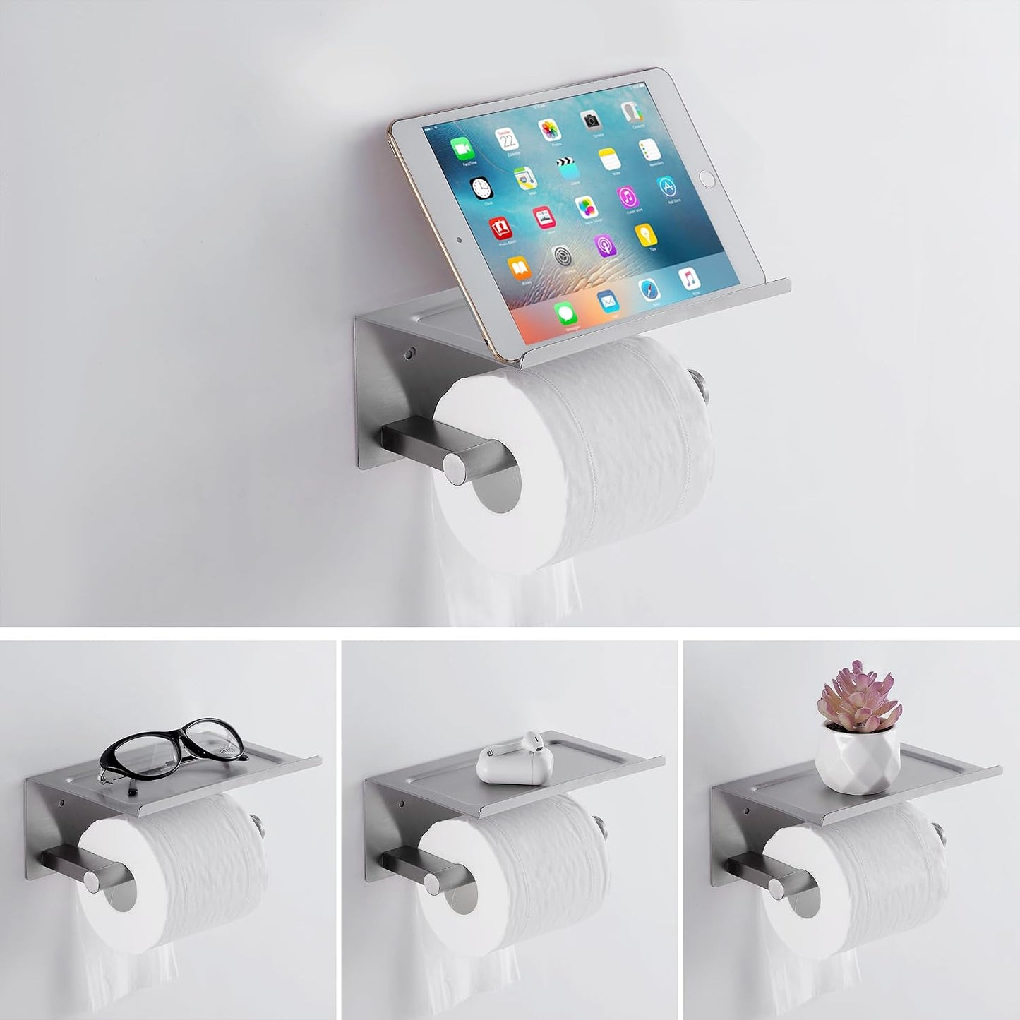 Toilet Paper Holder with Shelf, Wall Mounted Adhesive Holder for Bathroom, Tissue Roll Holder with Phone Storage Shelf