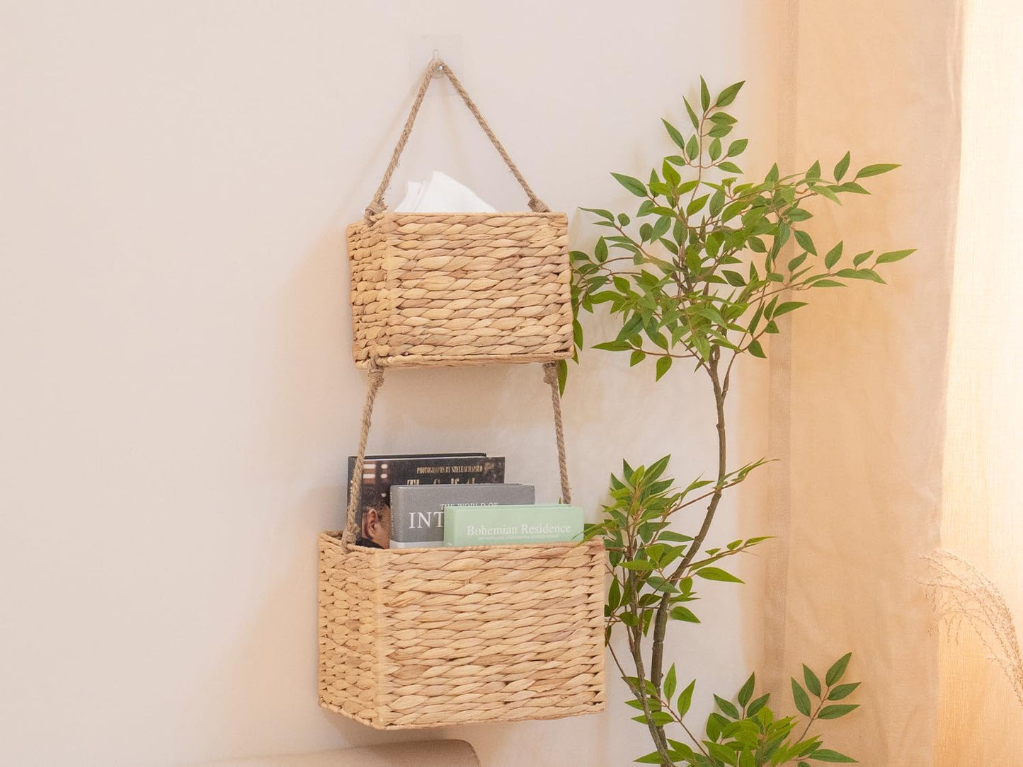 Hanging Basket 2-Tiered Woven Wicker Wall Basket Organizer / Water Hyacinth