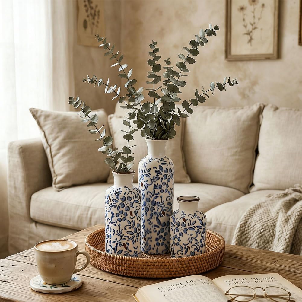 Chinoiserie Decor Ceramic Vases Set / Blue Floral