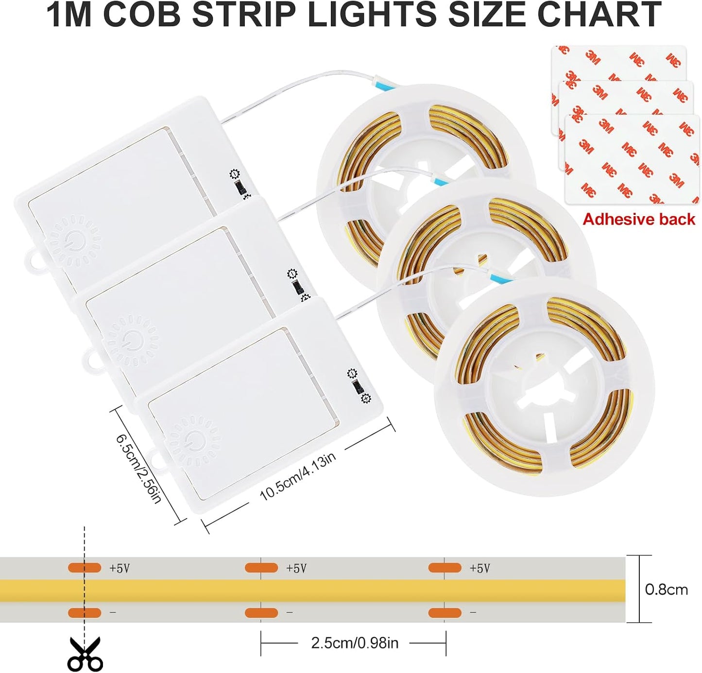 3 Pack COB LED Strip Lights, 3.3ft 320 LEDs Battery Powered LED Strip Lights, Dimmable Cuttable light strips for