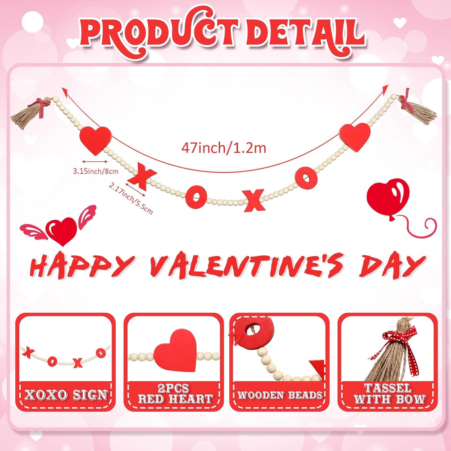 Valentine's Day Wood Bead Garland / 47.24 Inch