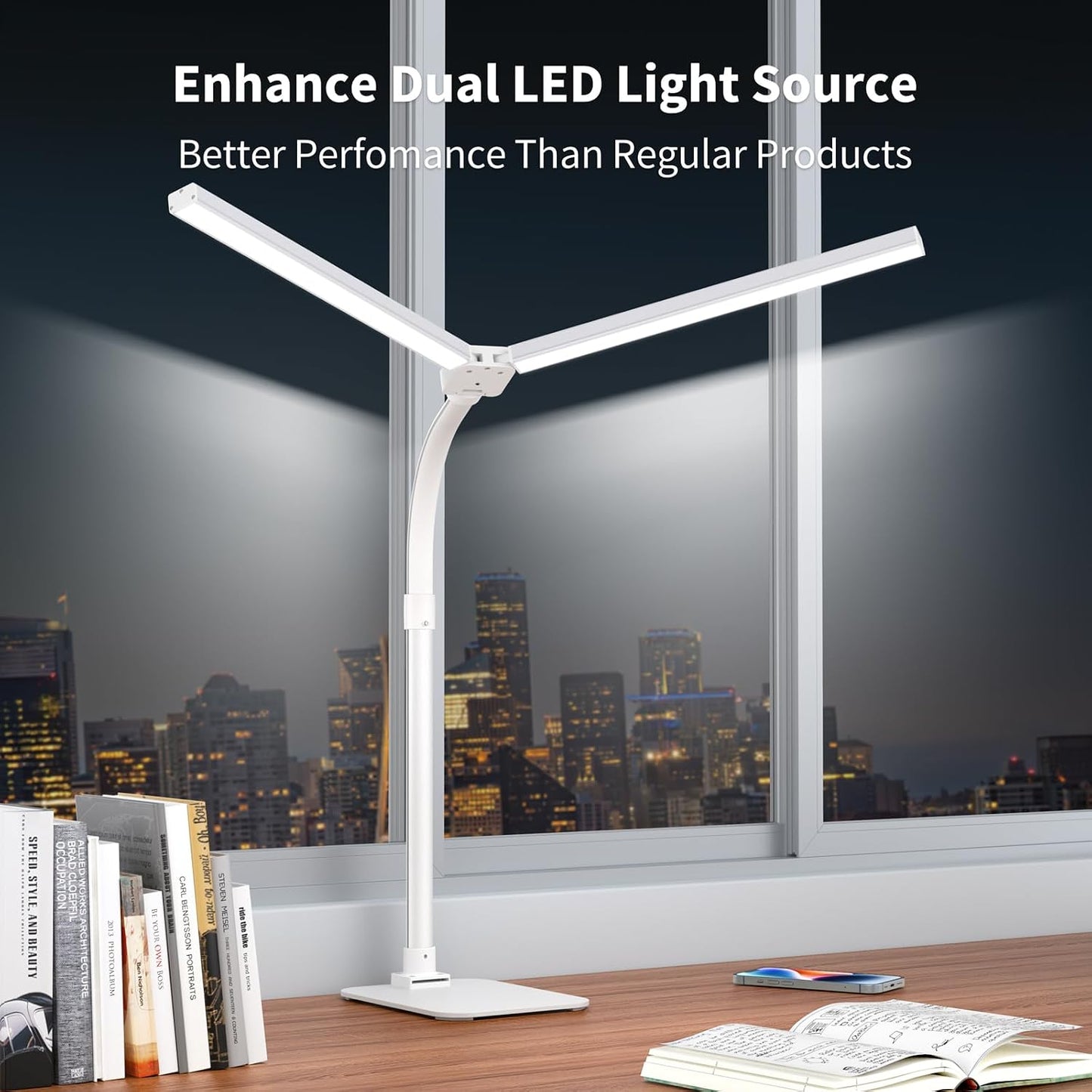 LED Desk Lamp Architect Task Light Dual Head Modern Flexible Gooseneck Tall | Dimmable Light for Home Office, 5 Color
