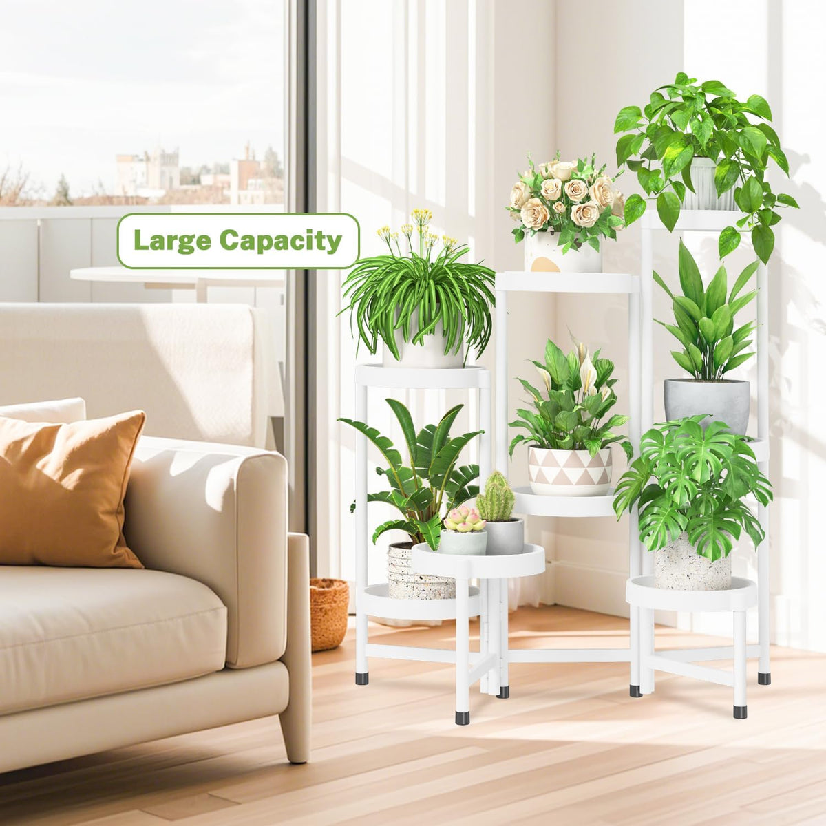 iDavosic.ly 8 Tier Folding Plant Stand Indoor Outdoor, Plastic Tray, White | Space Saving Tiered Corner Storage Display