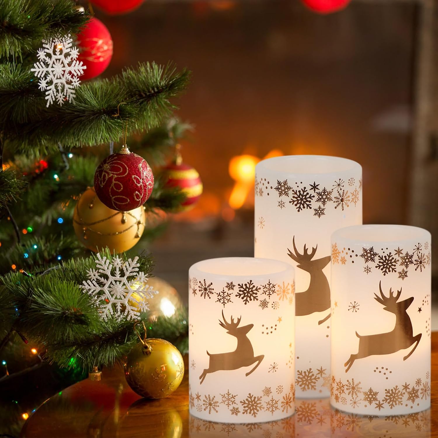 Gold Deer Flameless Candles Battery Operated with 6 Hour Timer | LED Pillar Candles Flickering, Real Wax Warm Light