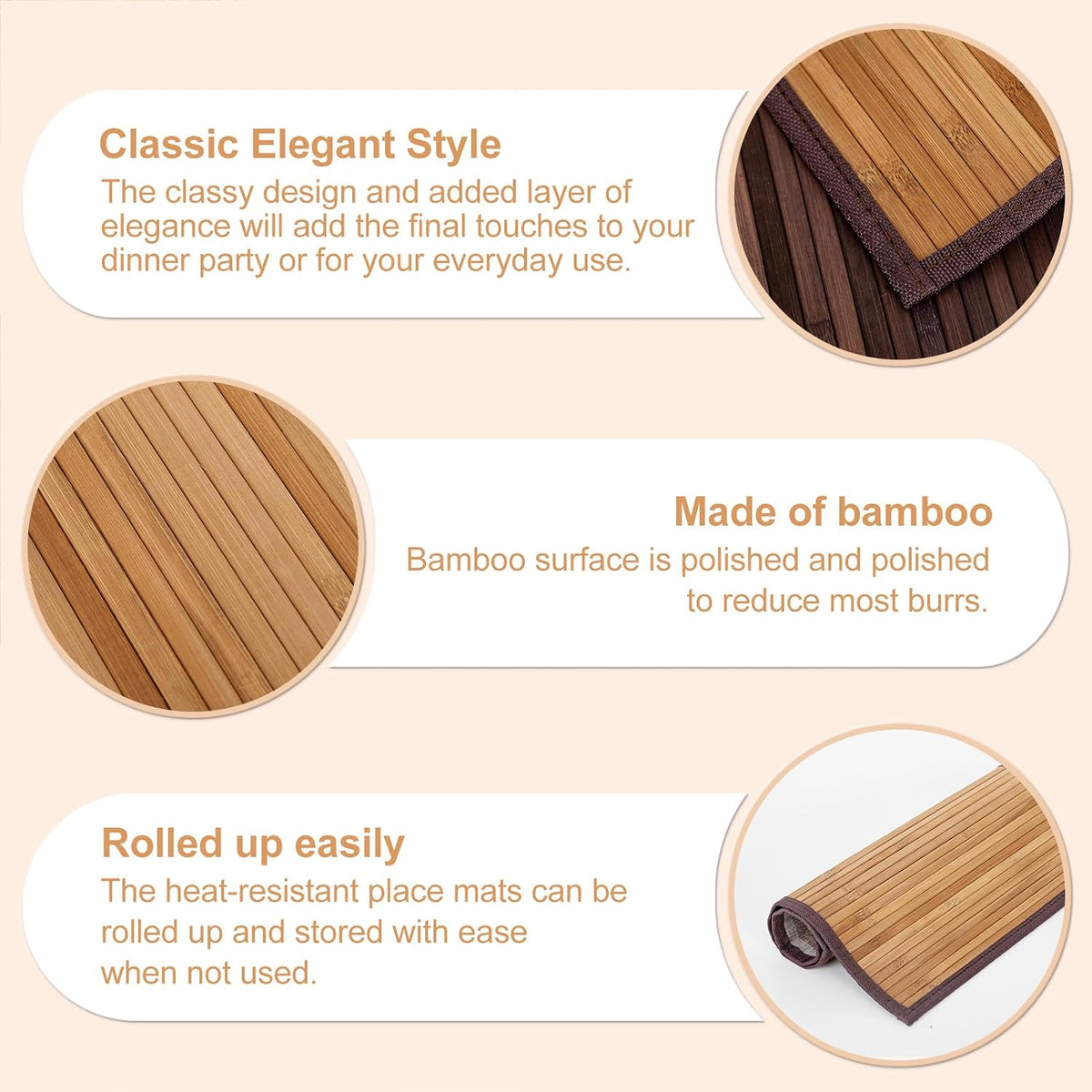 Bamboo Placemats Set of 8 with Fabric Border, Table Mats, Camel | 18" x 12", Natural Bamboo Rectangular Place Mat, for