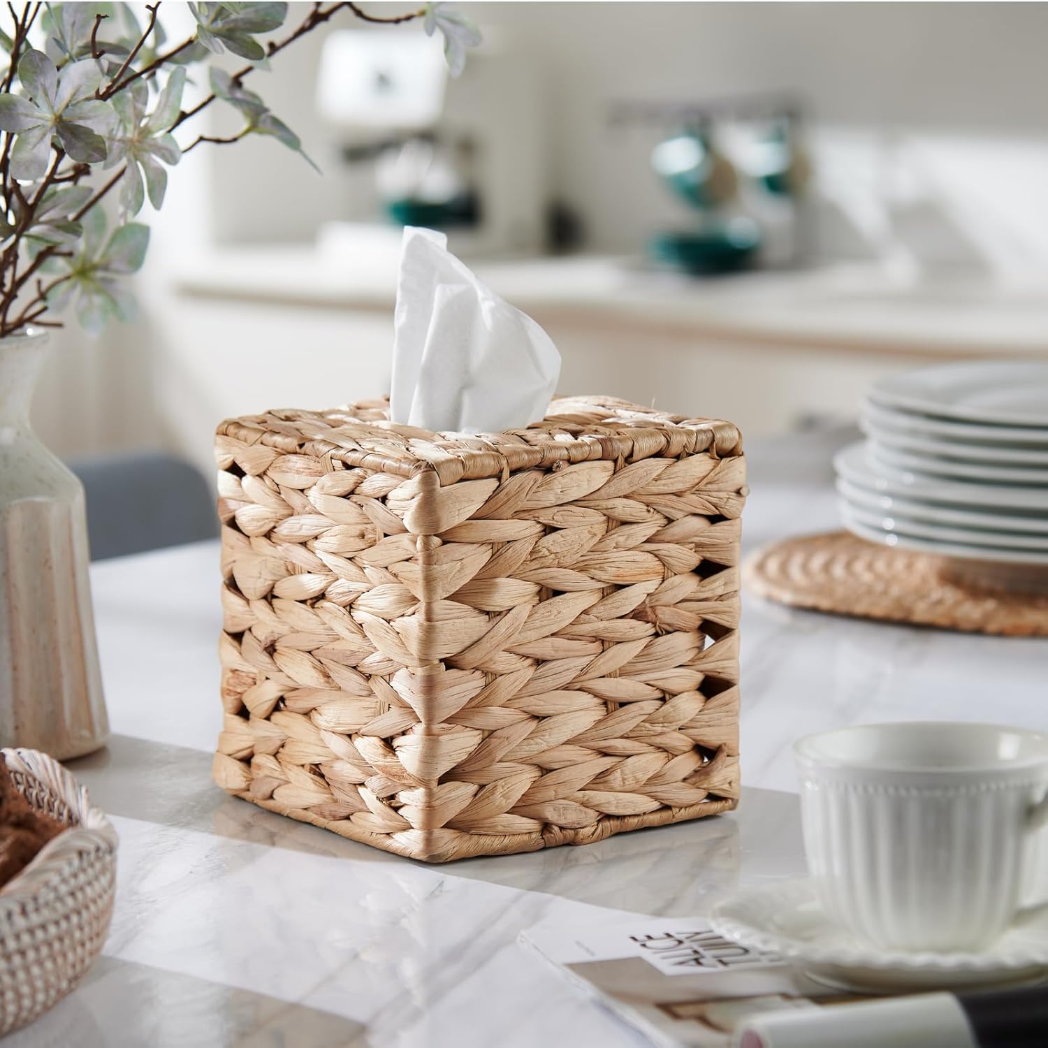 Rattan Tissue Box Holder -Boho Decorative Woven Facial Tissue Holder on Table and Bathroom / Natural