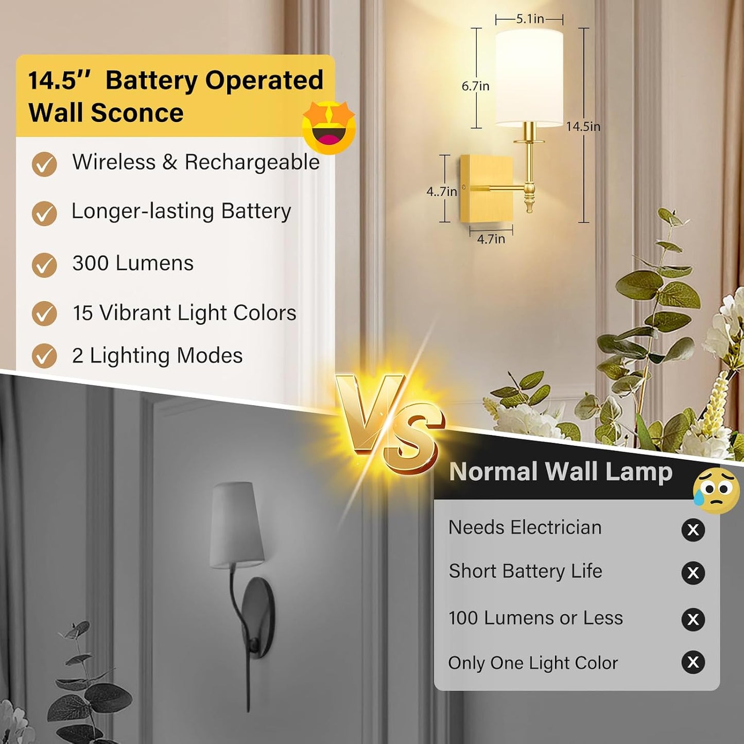 Gold Rechargeable Wall Lights with Remote, Battery Operated Wall Sconces Set of 2, Wireless Wall Lamps with 15 Color