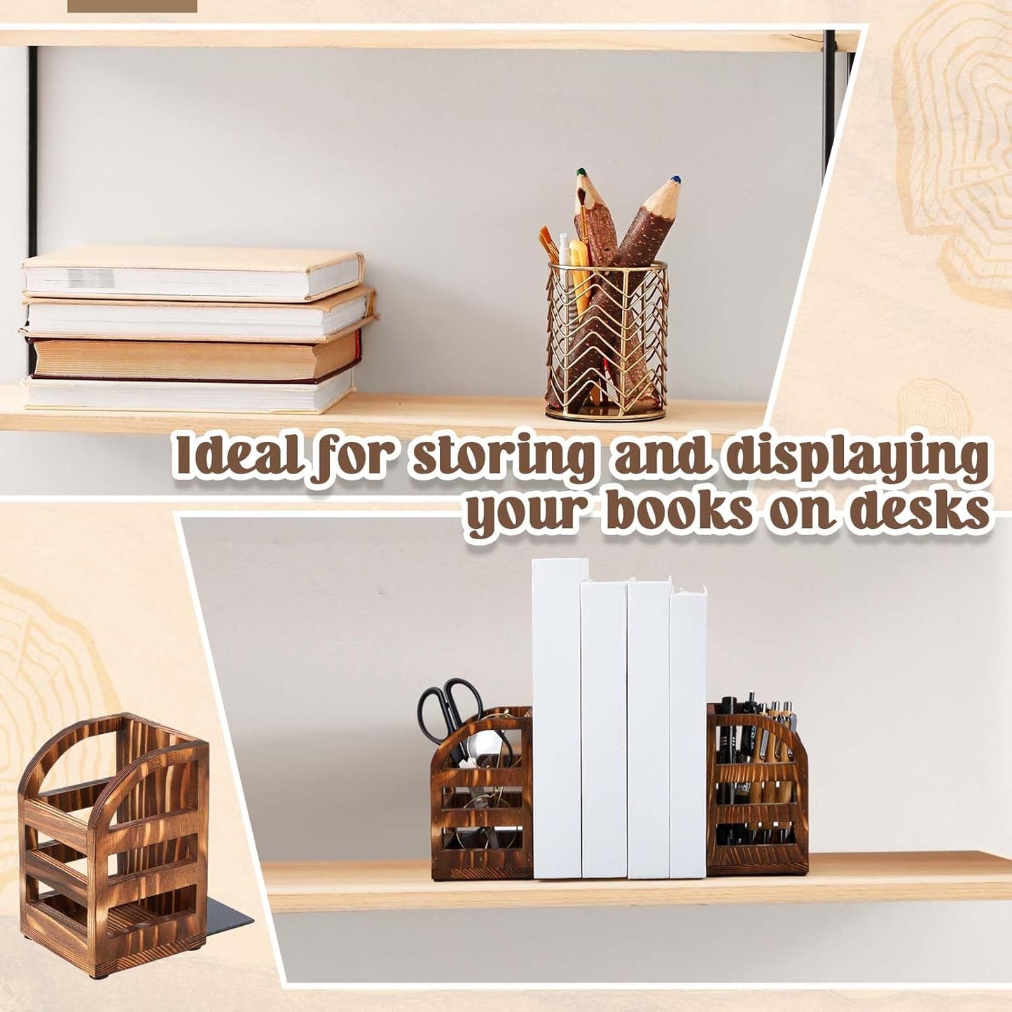 1 Pair in 1 Rustic Burnt Wooden Bookend / 2 Inch