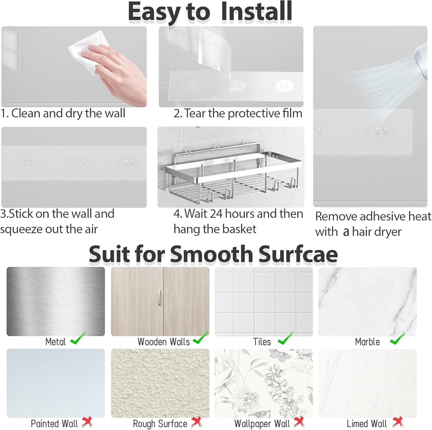 Self Adhesive Bathroom Wall Storage Basket Rustproof / Silver / Set of 5
