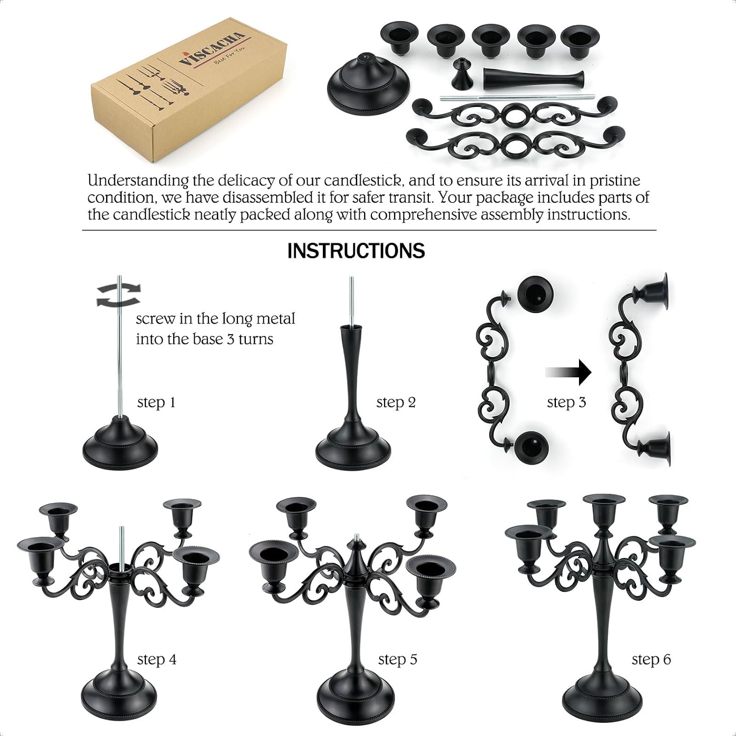 5-Arm Metal Candelabra Candle Holder Table Centerpiece, Black | Classic 5-Arm Metal Candelabra, Glossy Black Finish.