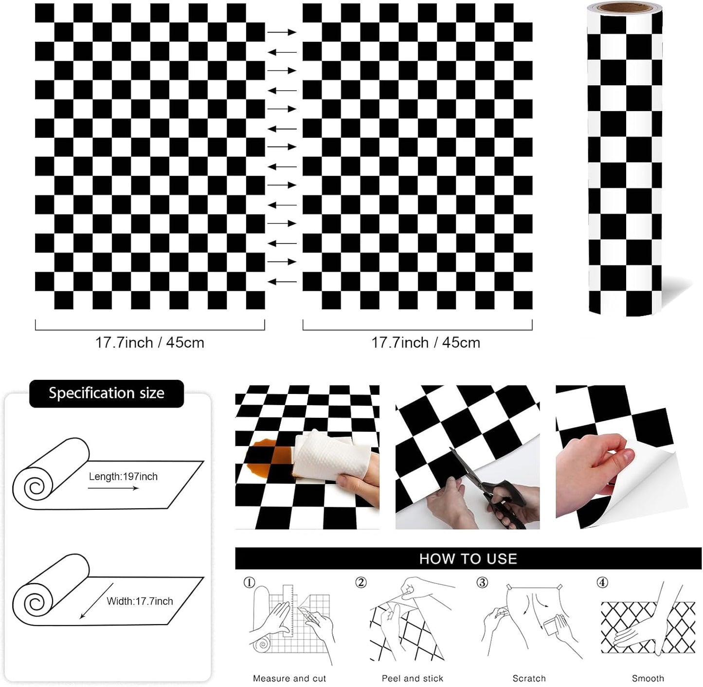 Modern Peel and Stick Wallpaper and White Mosaic Checkered Contact Paper " Self / 17.7 x 197 / Black