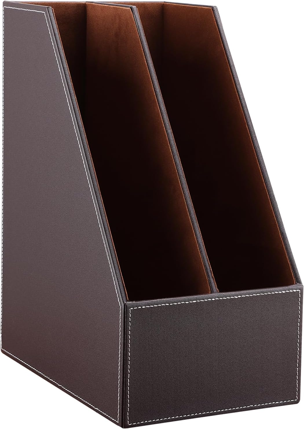 Wooden Leatherette Desktop File Folder Organizer and Document File Stand Journals Magazine Rack 2 Slots (brown)