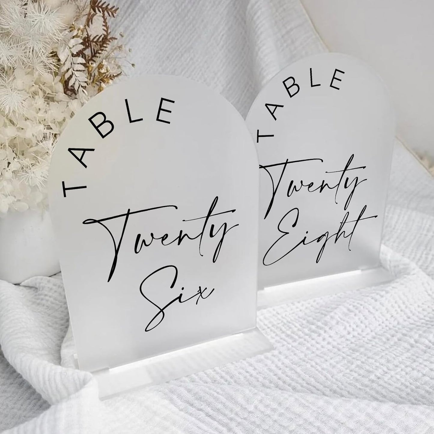 Frosted Arch Wedding Table Numbers 1-30 with Stands, 5x7 Inch Frosted Arch Acrylic Sign with Black Letters, Arched