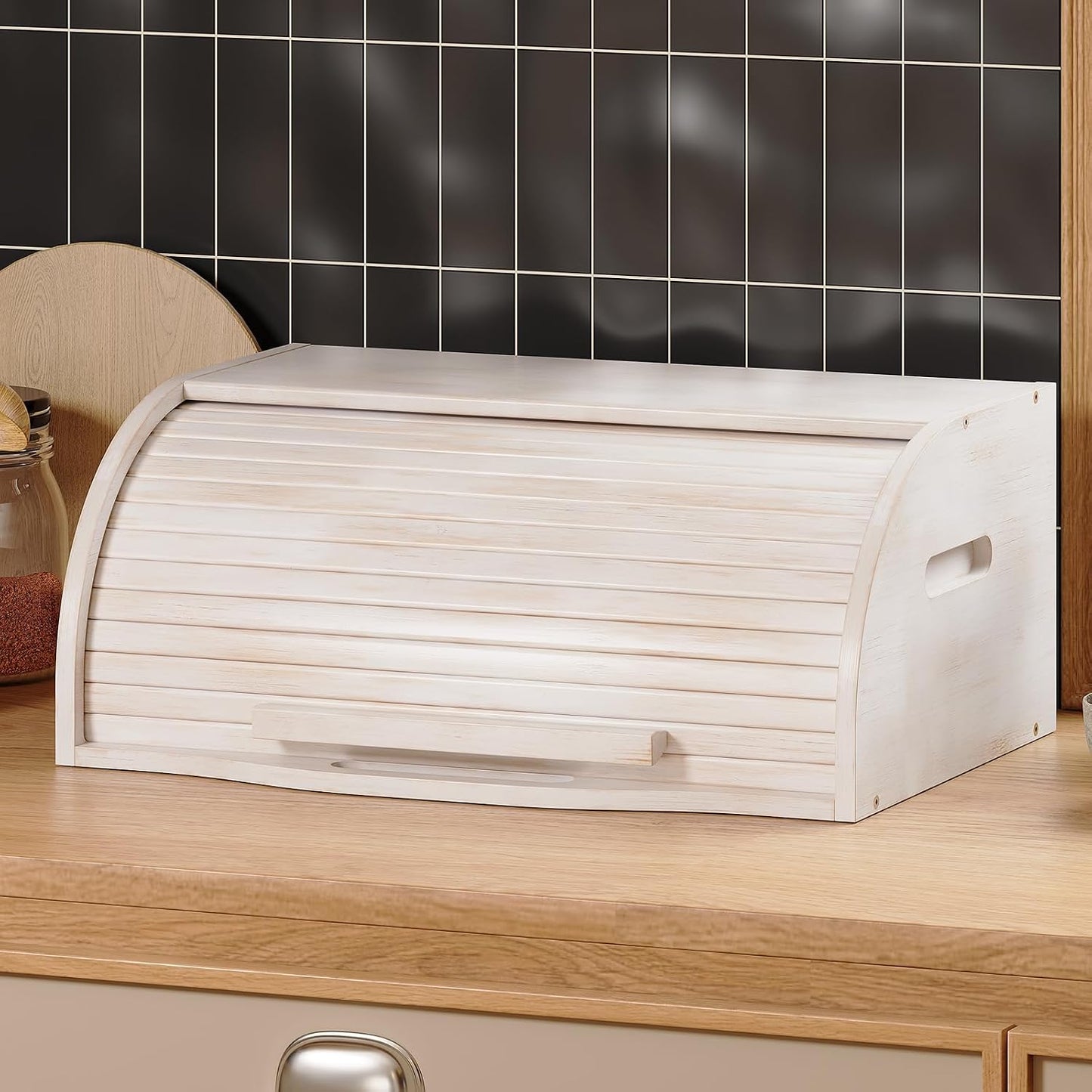 Trironsun Bamboo Roll Top Bread Box for Kitchen Countertop Large Capacity Bread Storage Bin Wooden Bread Storage