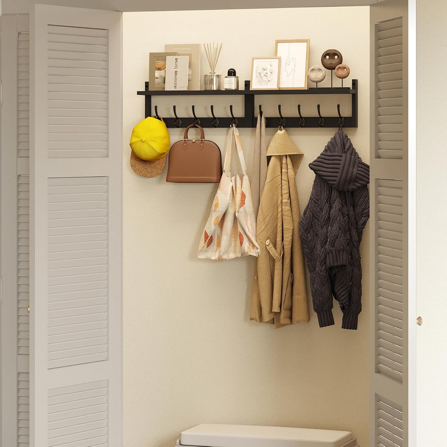 AMBIRD 34.2" Extra Long Wooden Wall Hook Rack with Shelf - Versatile and Decorative Wall-Mounted Storage with 10 Hooks