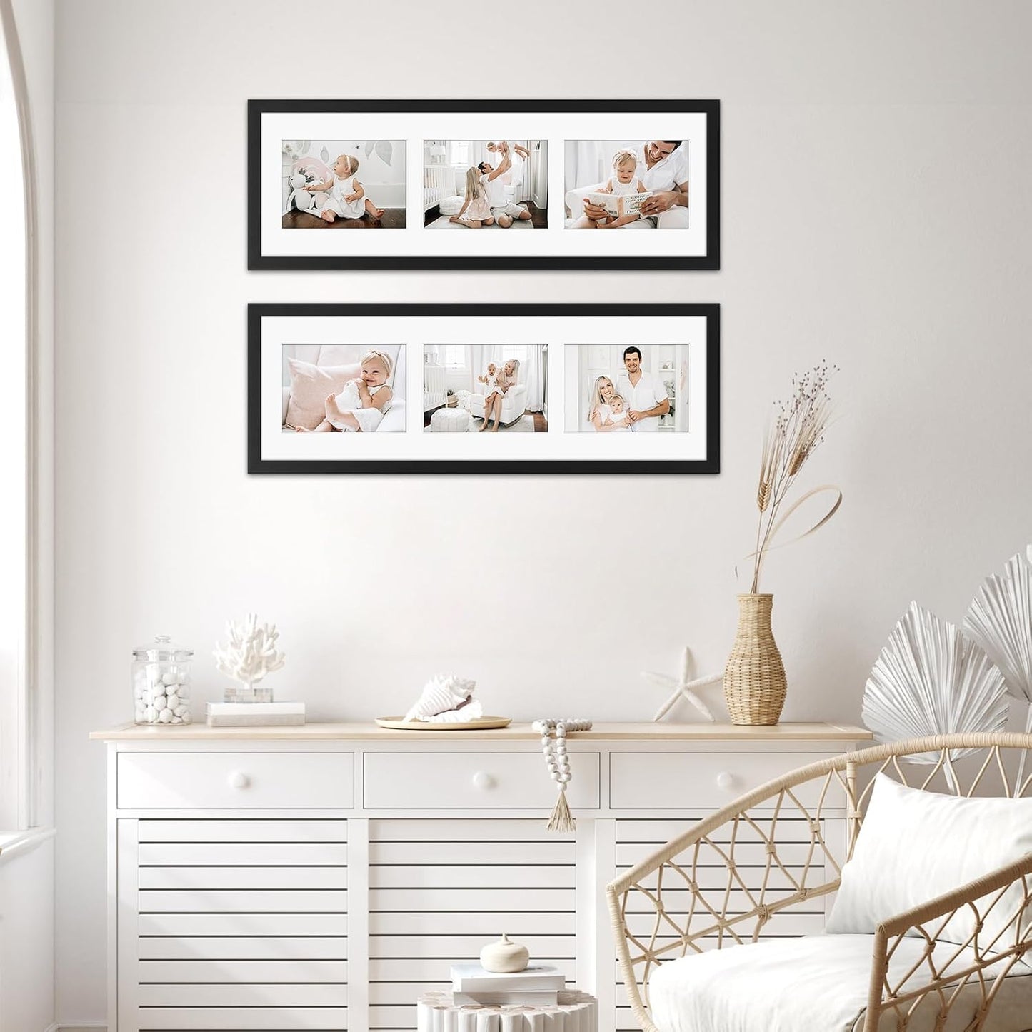 Giftgarden 5x7 Collage Picture Frame 3 Openings Horizontal, Textured Metal 8x24 Frame Matted to Three 5x7 Photos with