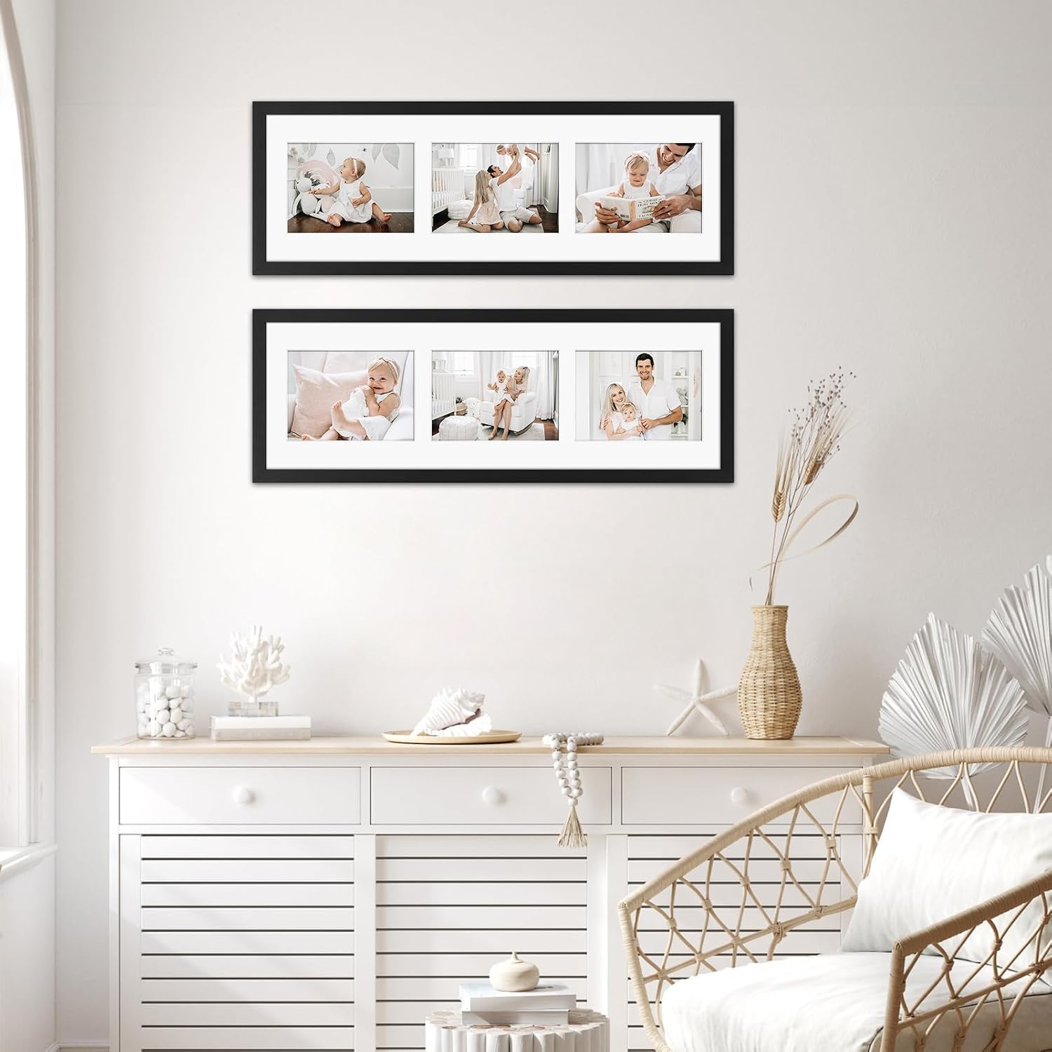 Giftgarden 5x7 Collage Picture Frame 3 Openings Horizontal, Textured Metal 8x24 Frame Matted to Three 5x7 Photos with