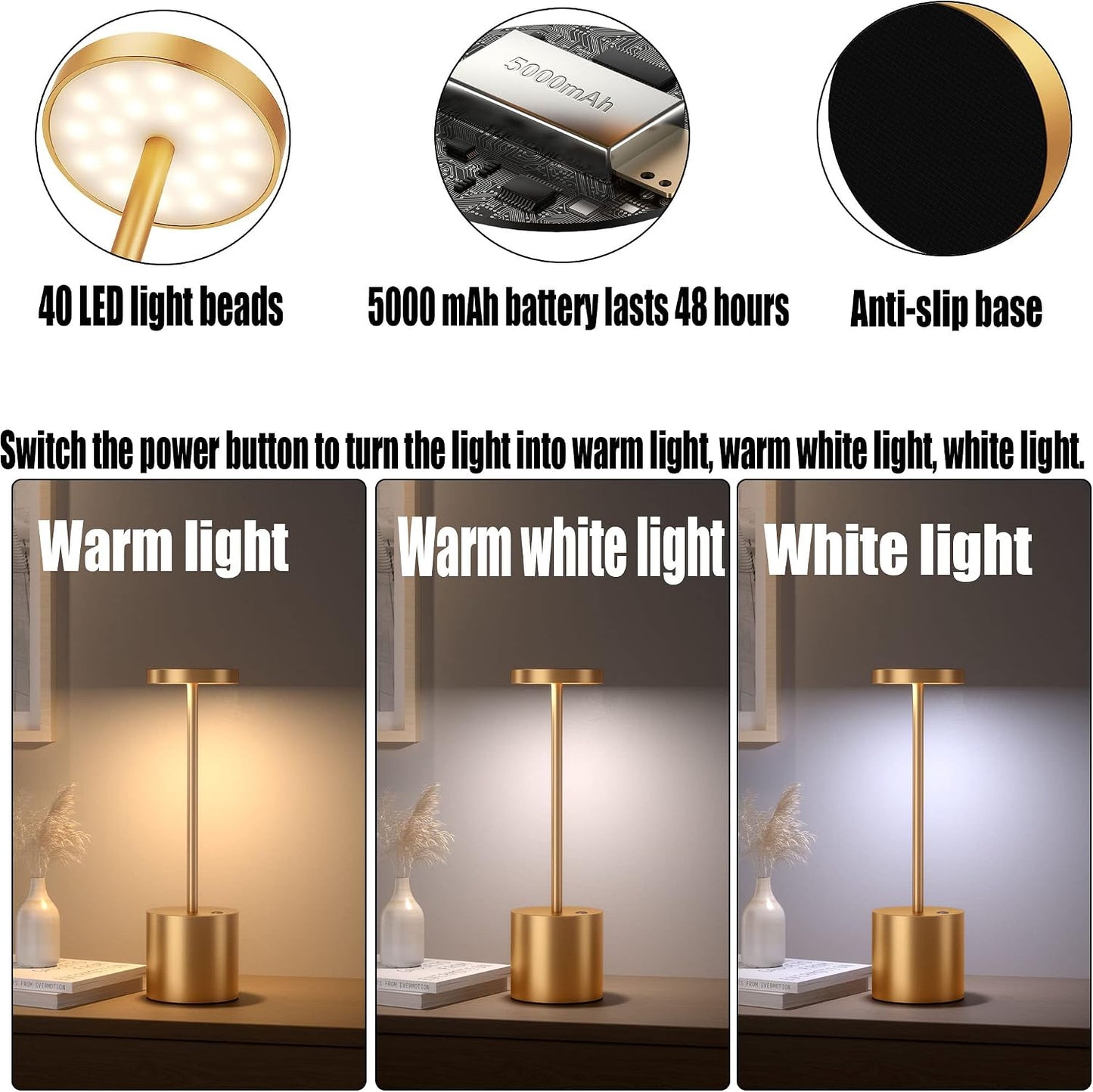 2Pack Cordless Table Lamp, Rechargeable LED Battery 5000mAh Metal USB Portable Powered Desk Lamp, 3 Levels Brightness