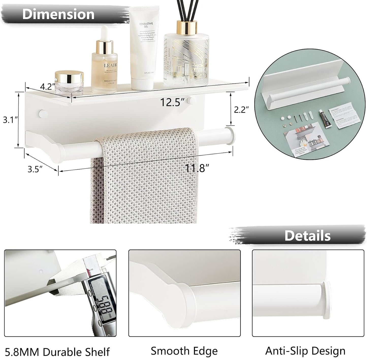 White Paper Towel Holder Wall Mount with Thickened Shelf for Bathroom,Matte White Adhesive Hand Towel Holder,Bathroom
