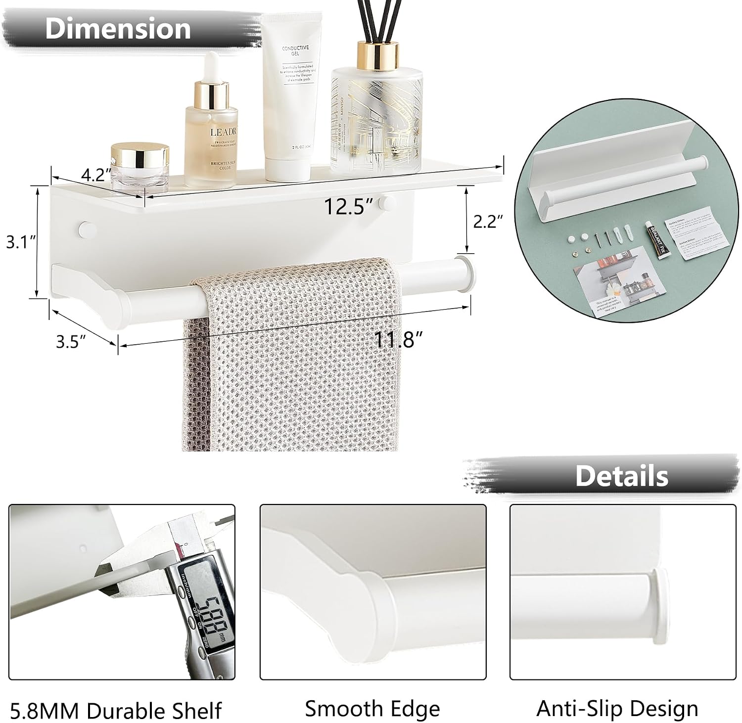White Paper Towel Holder Wall Mount with Thickened Shelf for Bathroom,Matte White Adhesive Hand Towel Holder,Bathroom