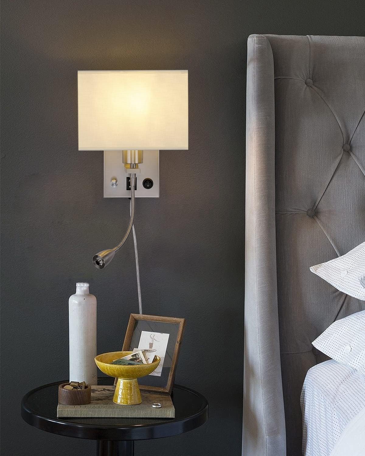 2-Pack Bedside Lights, Plug in Wall Sconce with Two USB Charging Ports, Dimmable Reading Lamp with Fabric Shade and