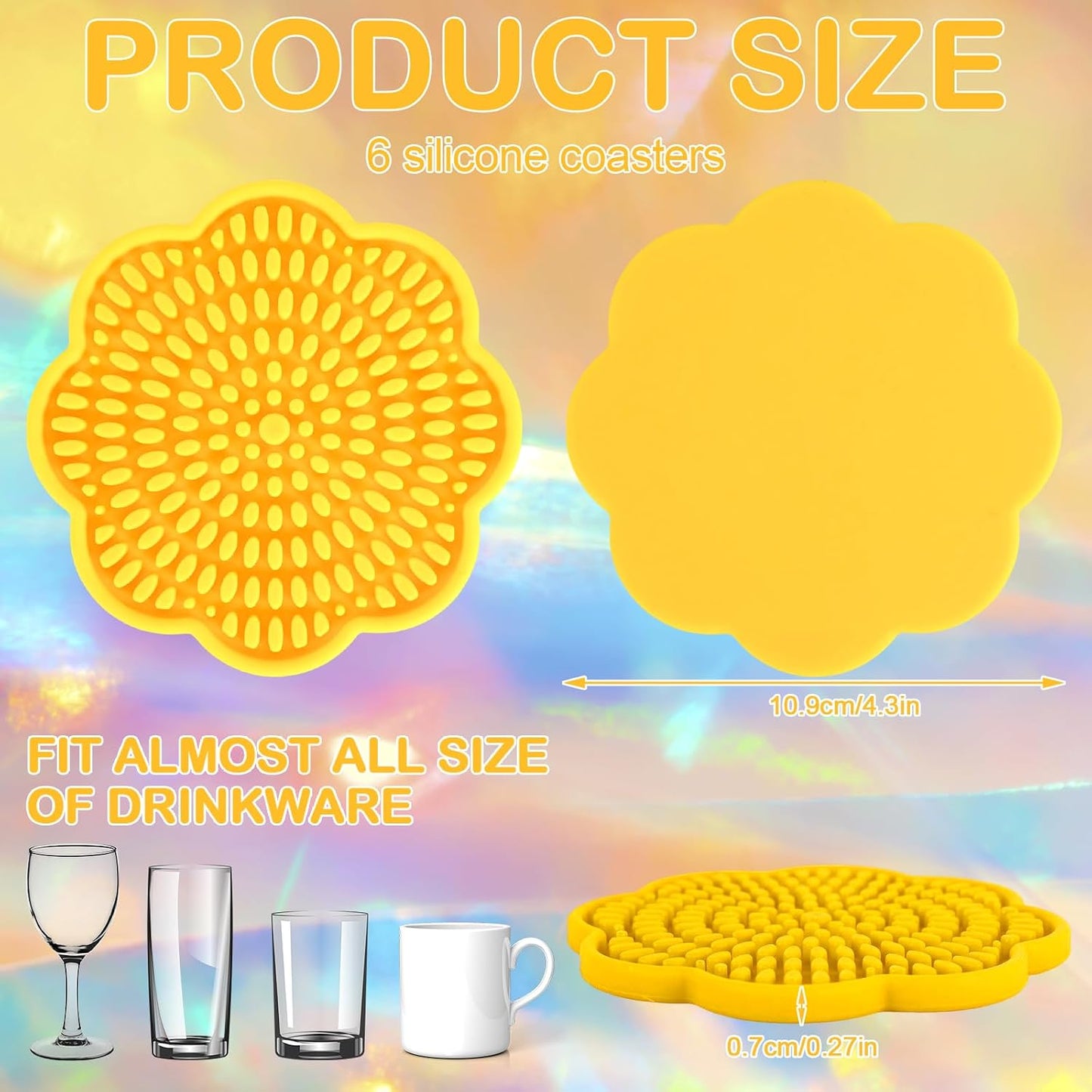 Colorful Silicone Coasters for Drinks Absorbent Scalloped Rainbow Coaster / 4.3 Inch / Set of 6