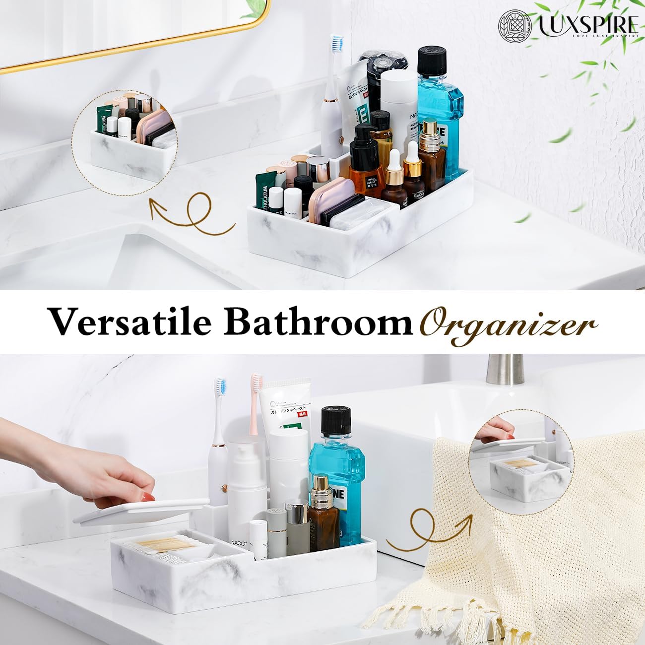 Luxspire Bathroom Counter Organizer with Lid, 6 Slots, Gravel White | Bathroom Vanity Organizer, Bathroom Organizer