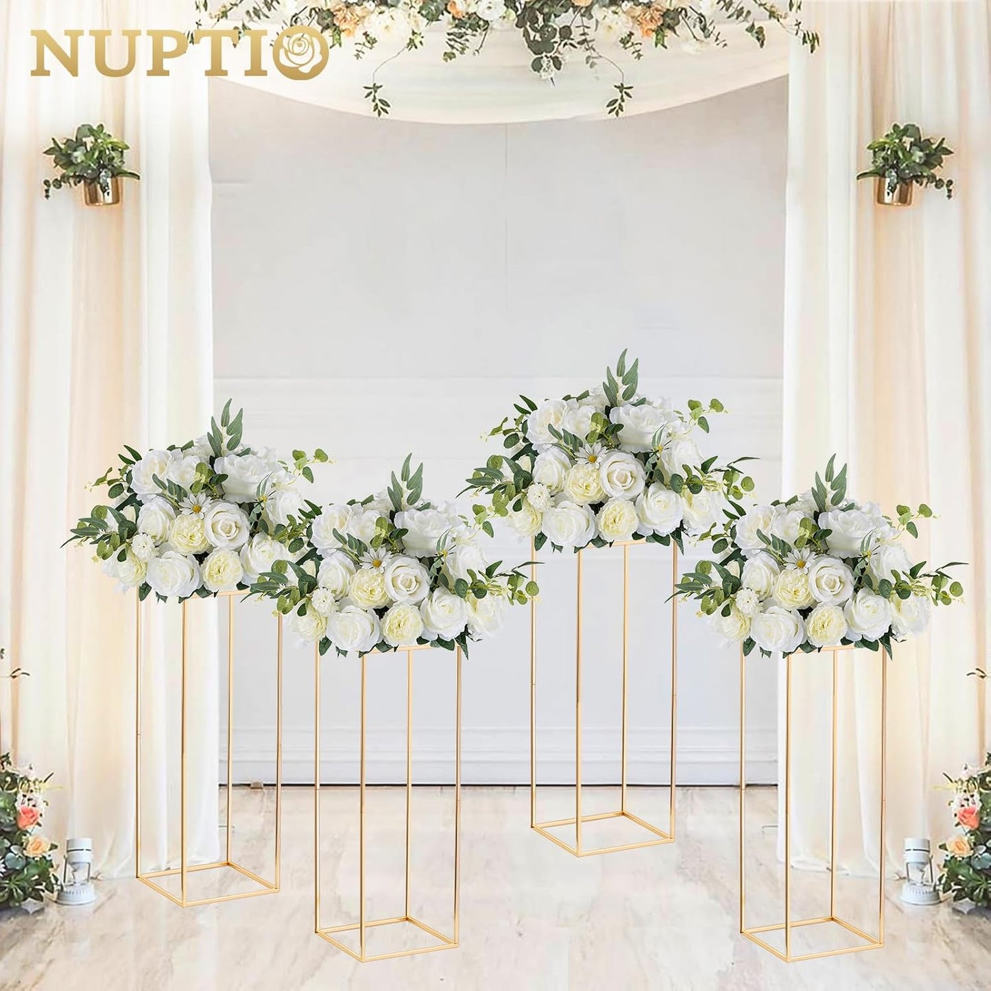NUPTIO Gold Stands for Centerpieces, Geometric Column, 31.5" Tall, 10 Pcs | Metal Flower Holder, Rectangular Display