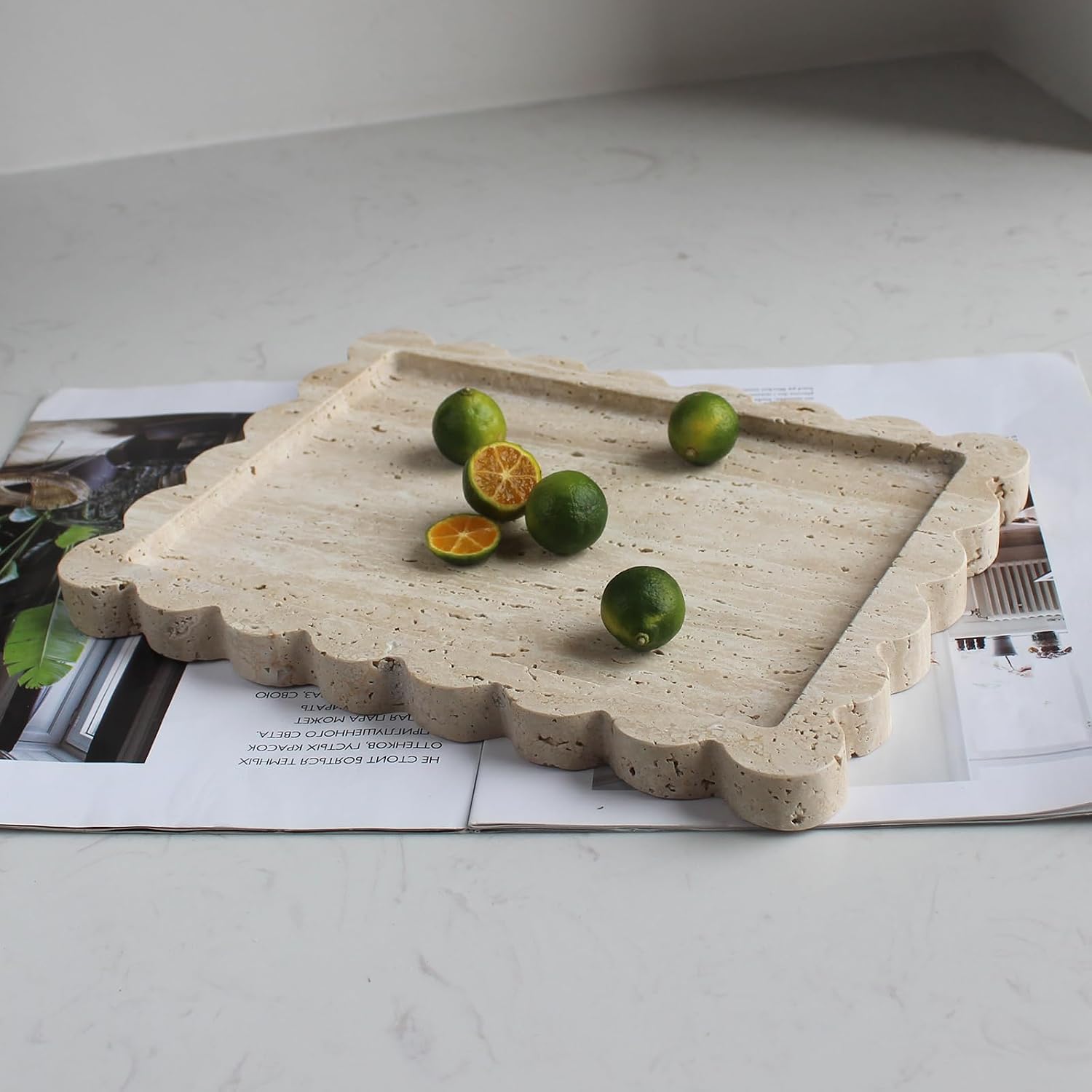 Natural Scalloped Marble Tray / Beige Travertine / 10.8 x 8
