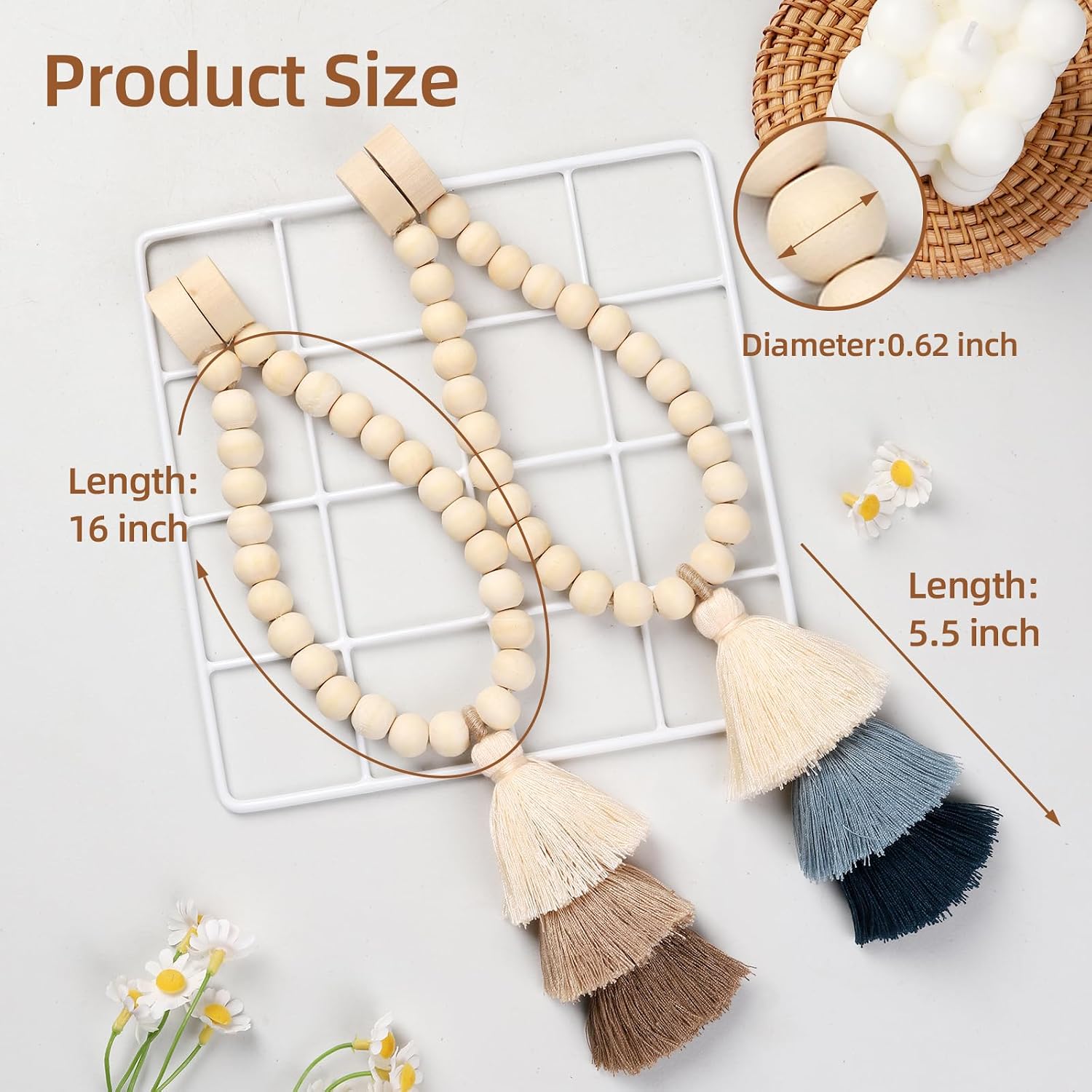 4 Pack Magnetic Curtain Tiebacks with 3-Tier Tassel, Wood Bead Curtain Holdbacks No Drill, Boho Curtain Tie Backs
