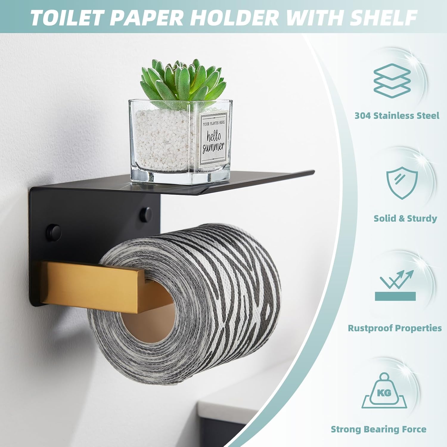 APLusee Black and Gold Toilet Paper Holder with Storage Shelf, Wall Mounted | 304 Stainless Steel Tissue Holder