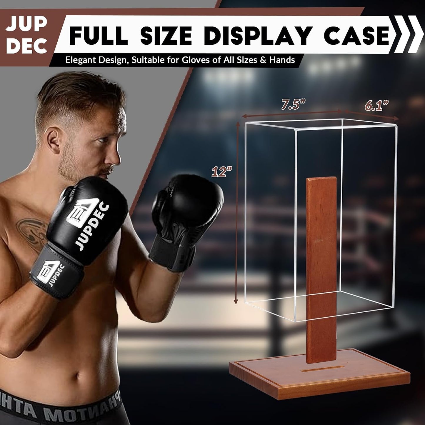 Boxing Glove Display Case, Clear Acrylic Showcase with Wood Base & Plank for Single Glove, Full Size UV Protection