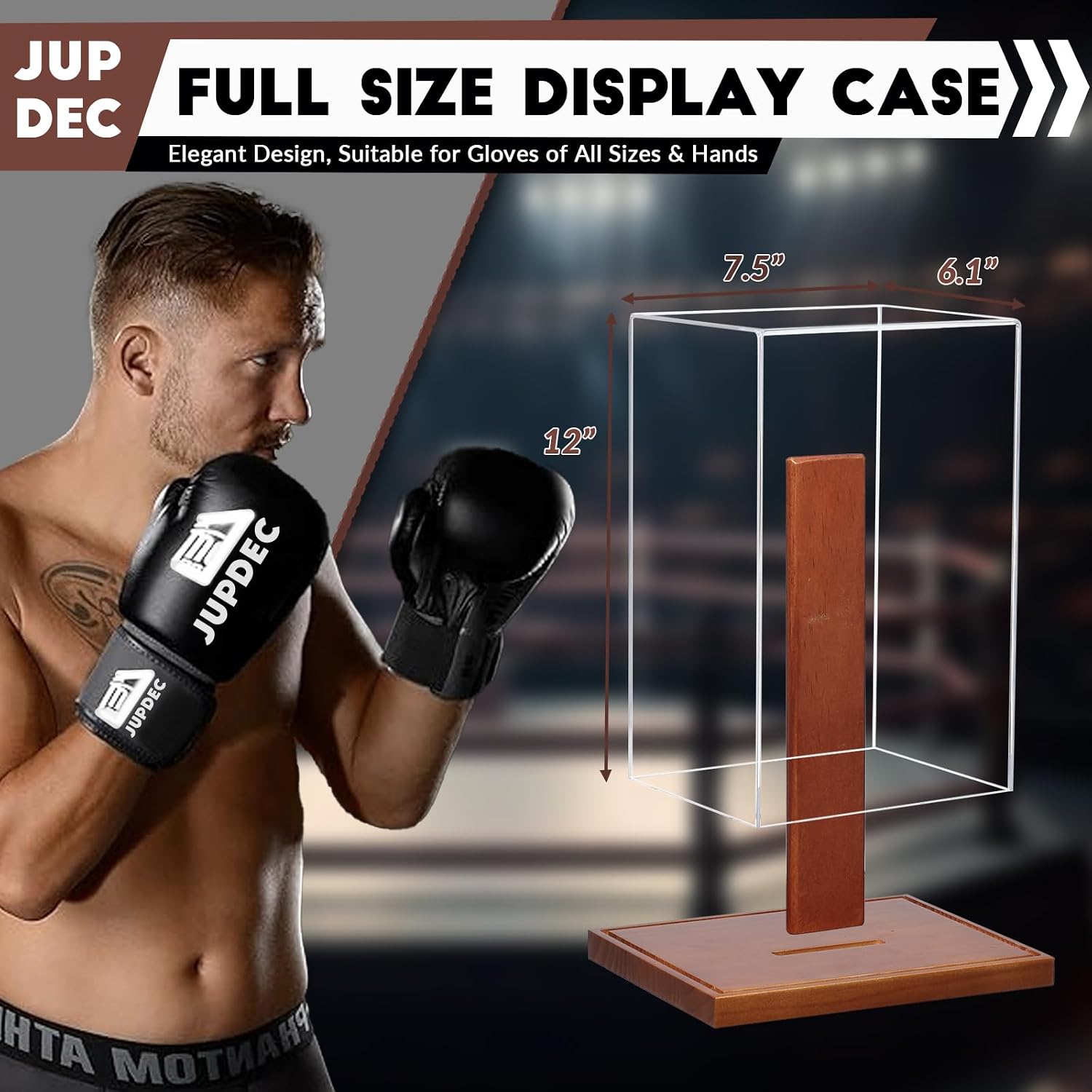 Boxing Glove Display Case, Clear Acrylic Showcase with Wood Base & Plank for Single Glove, Full Size UV Protection