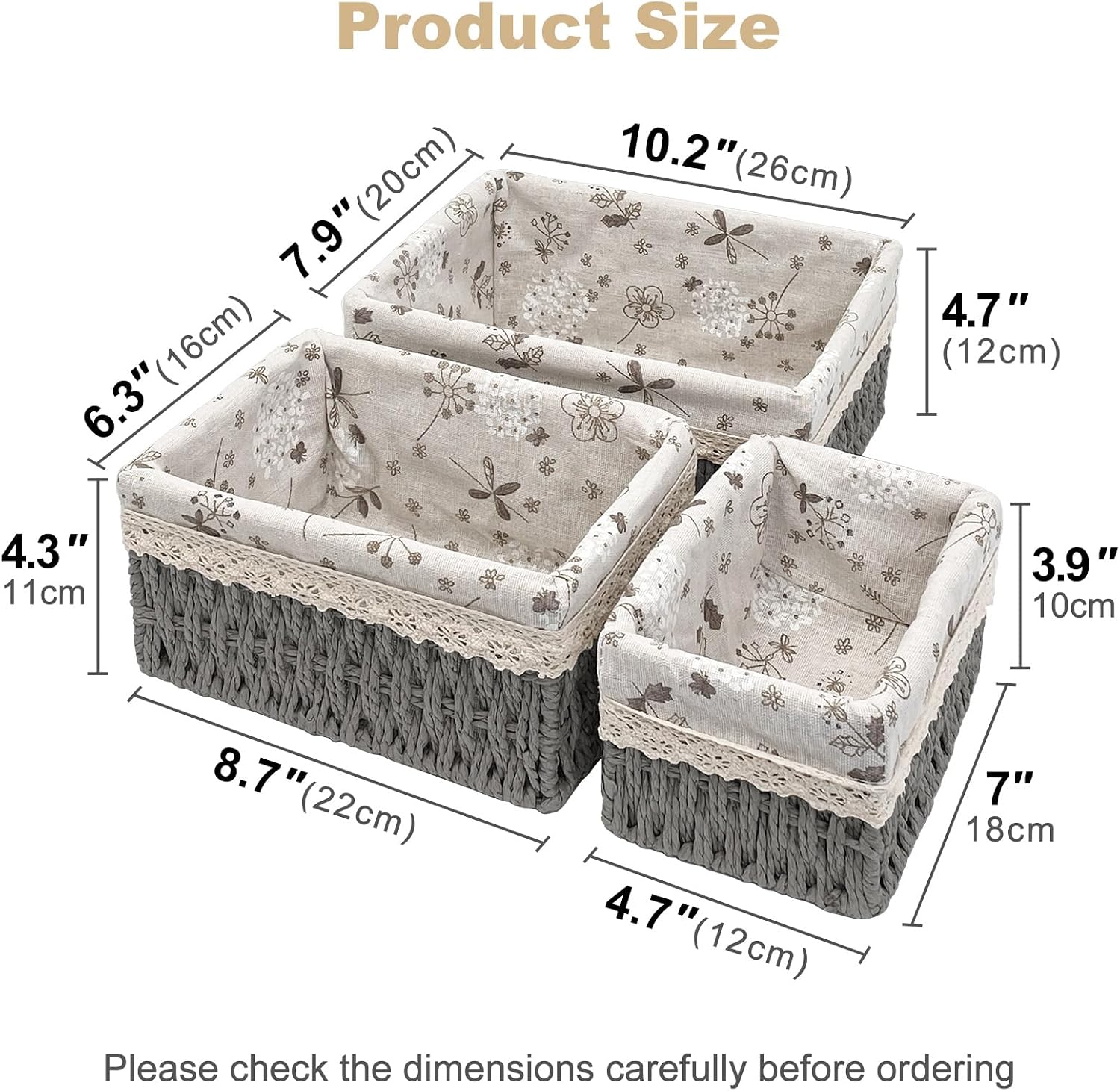 Wicker Storage Baskets / Gray / L+M+S / Set of 3