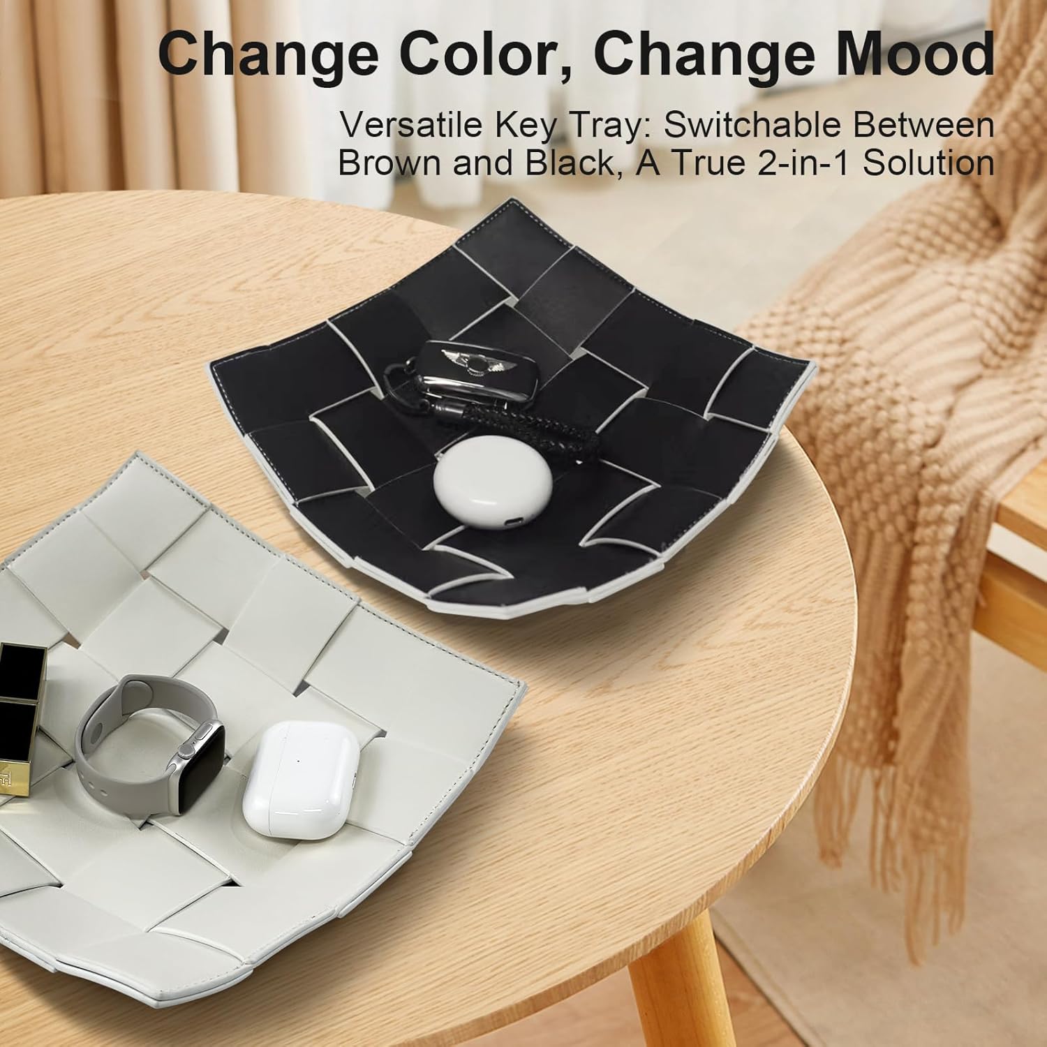Valet Tray for Men and Women PU Leather Key Holder Bowl for Entryway Table Bedside / White