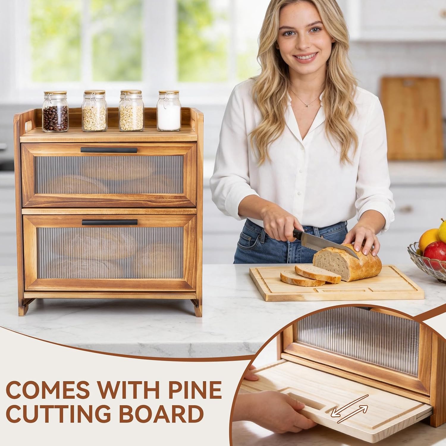 Bread Box for Kitchen Countertop, Large Wooden Breadbox with Cutting Board | Double Layer Bread Storage Container for